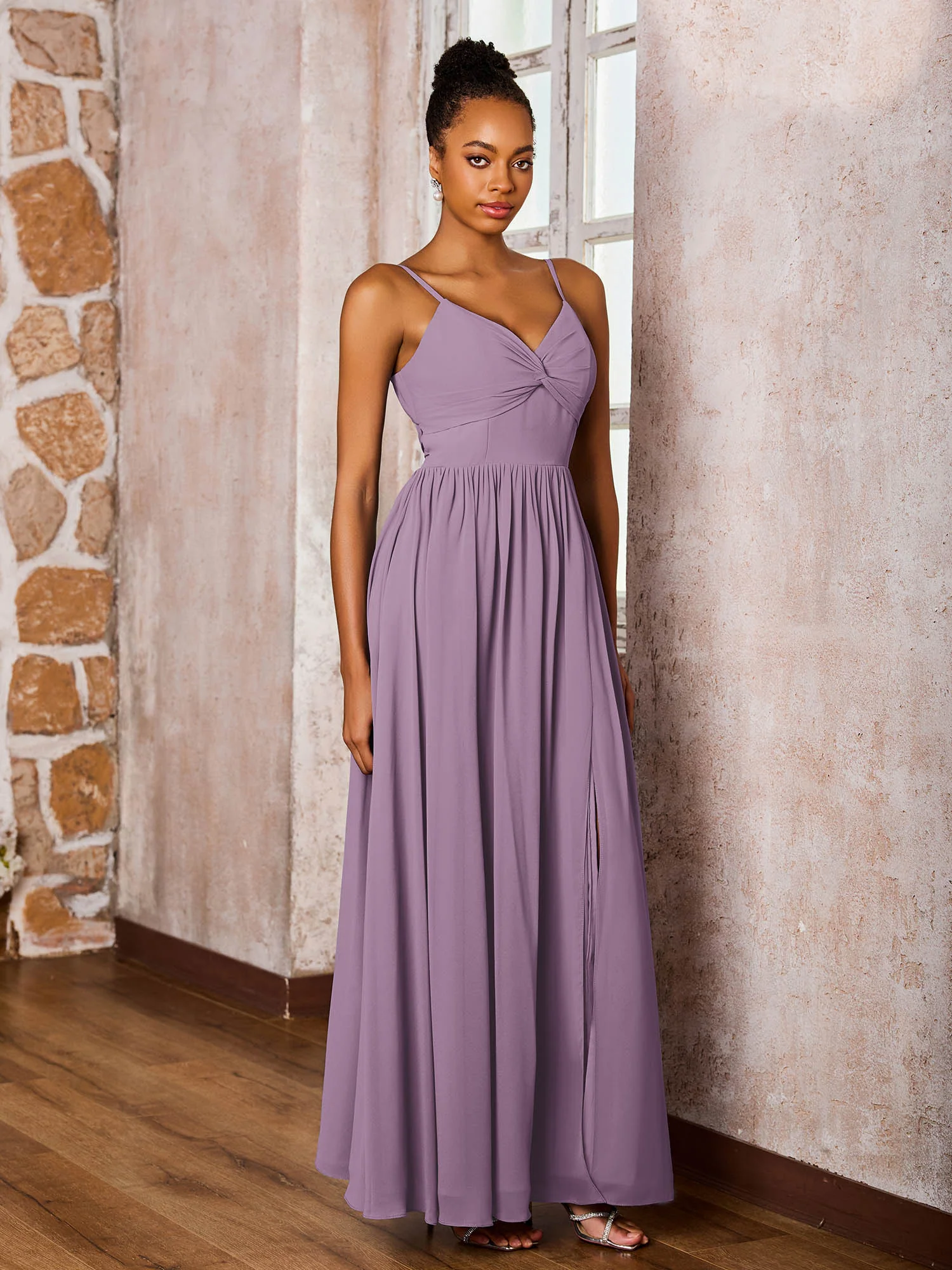 Criss-Cross Back Spaghetti Straps V-neck A-line Slit Dress Wisteria - Image 3