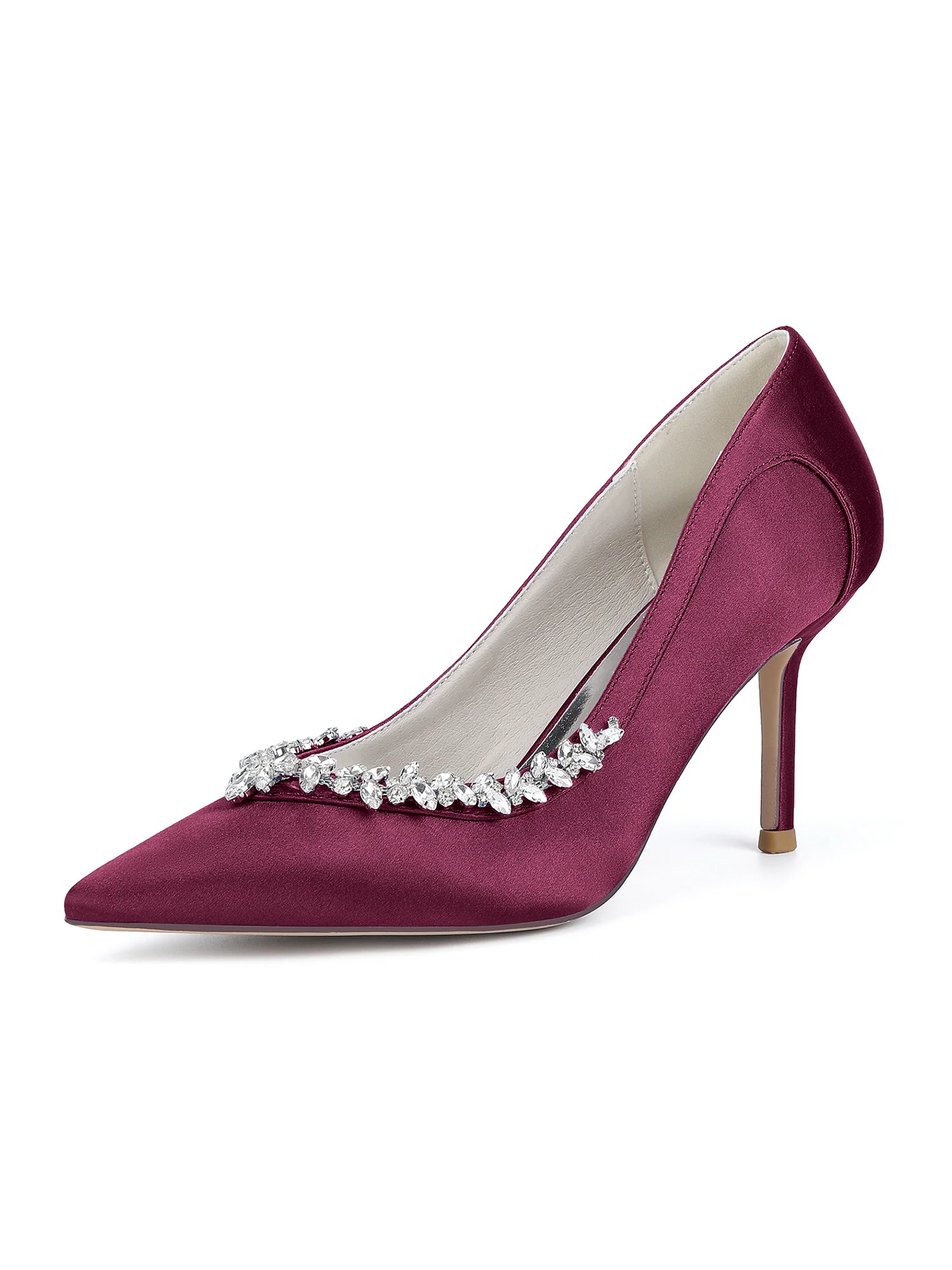 Crystal Side Pointed Toe Faux Silk High Heels - Image 10