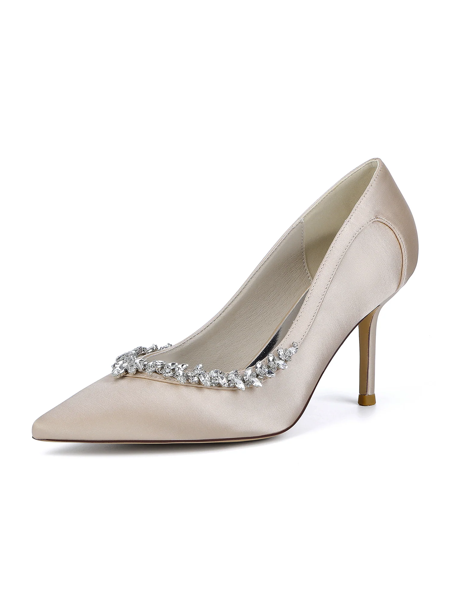 Crystal Side Pointed Toe Faux Silk High Heels - Image 13