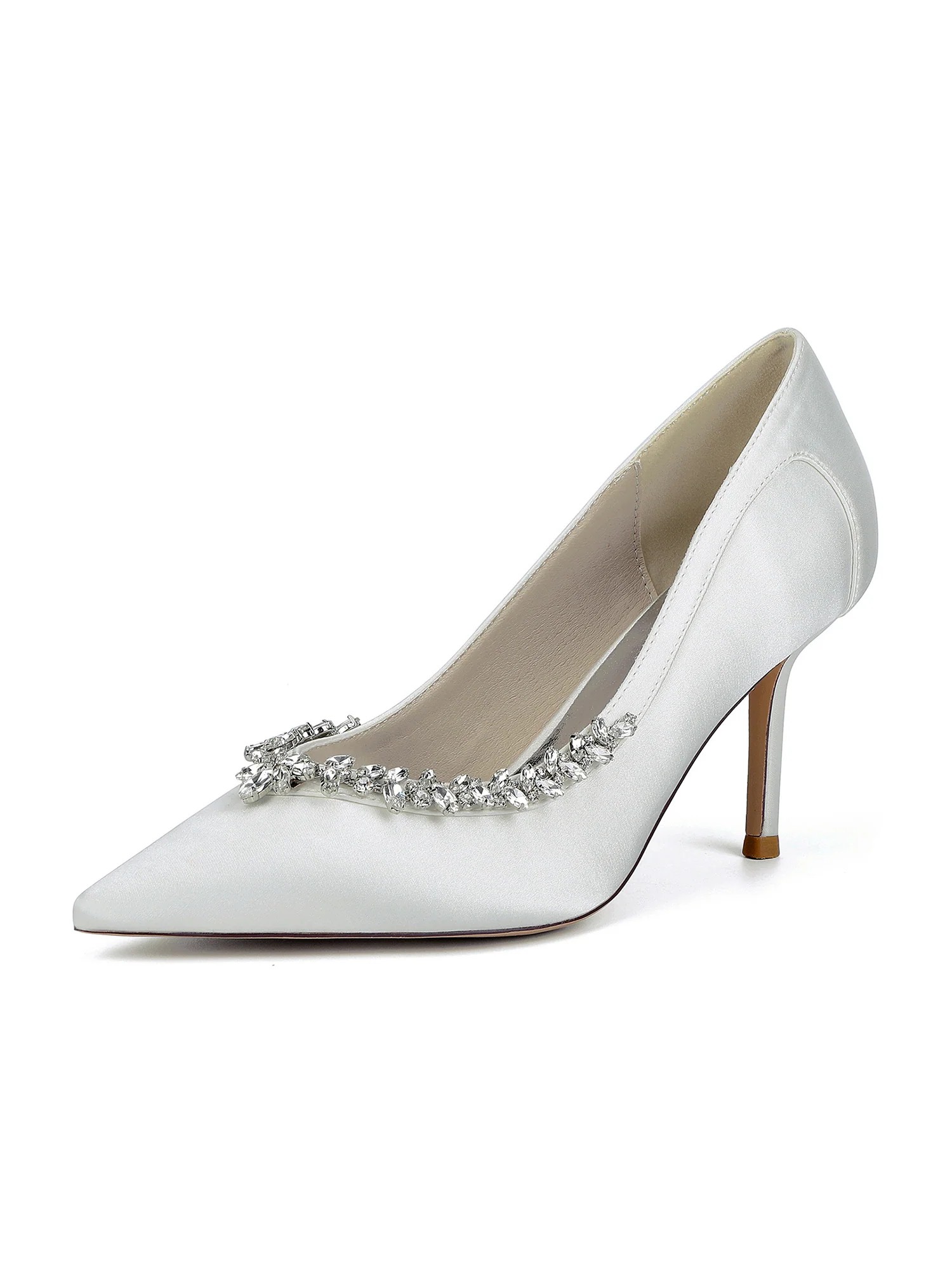 Crystal Side Pointed Toe Faux Silk High Heels - Image 14