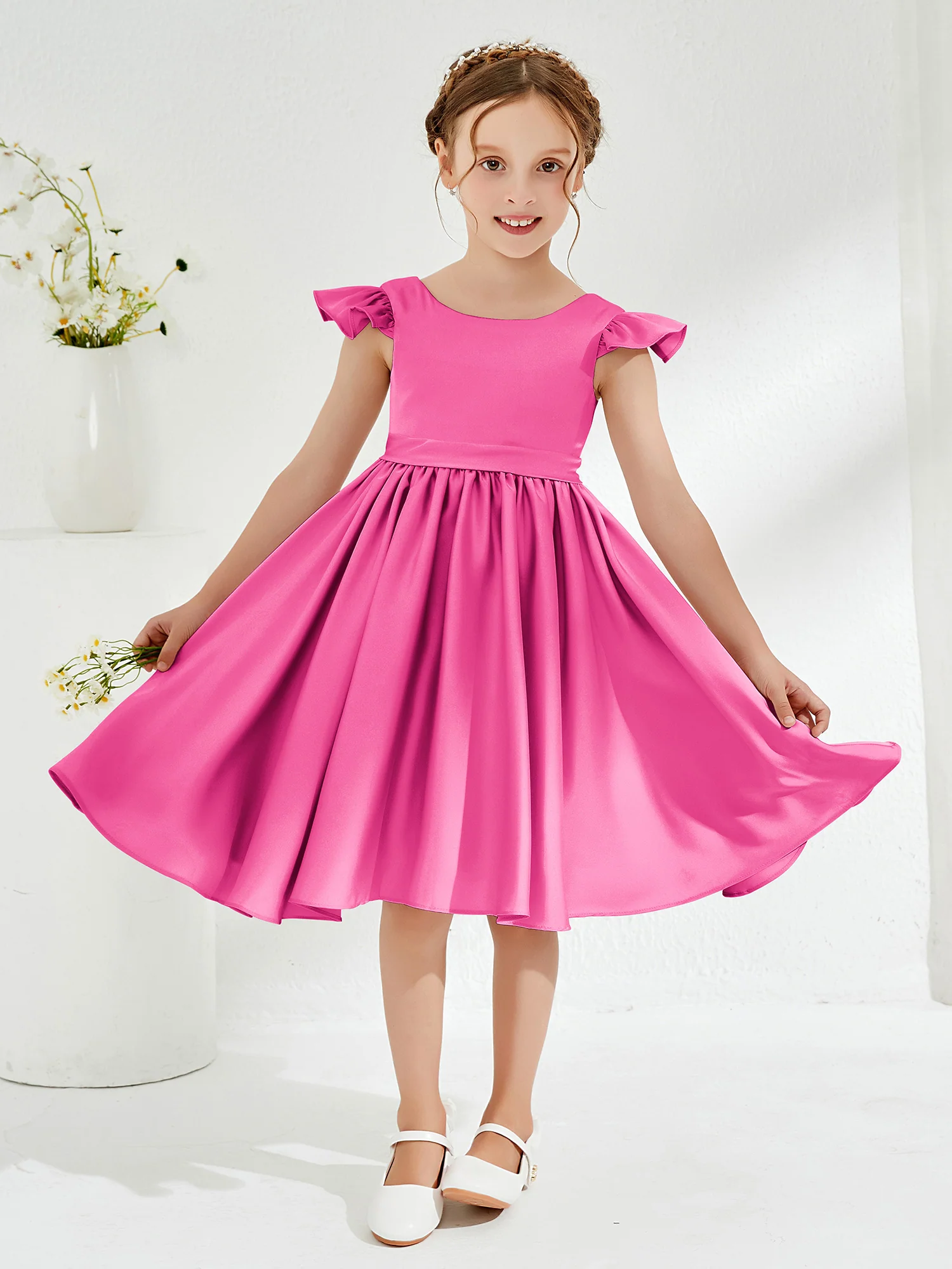 Cute Cap Sleeves Acetate Satin Flower Girl Dresses Azalea