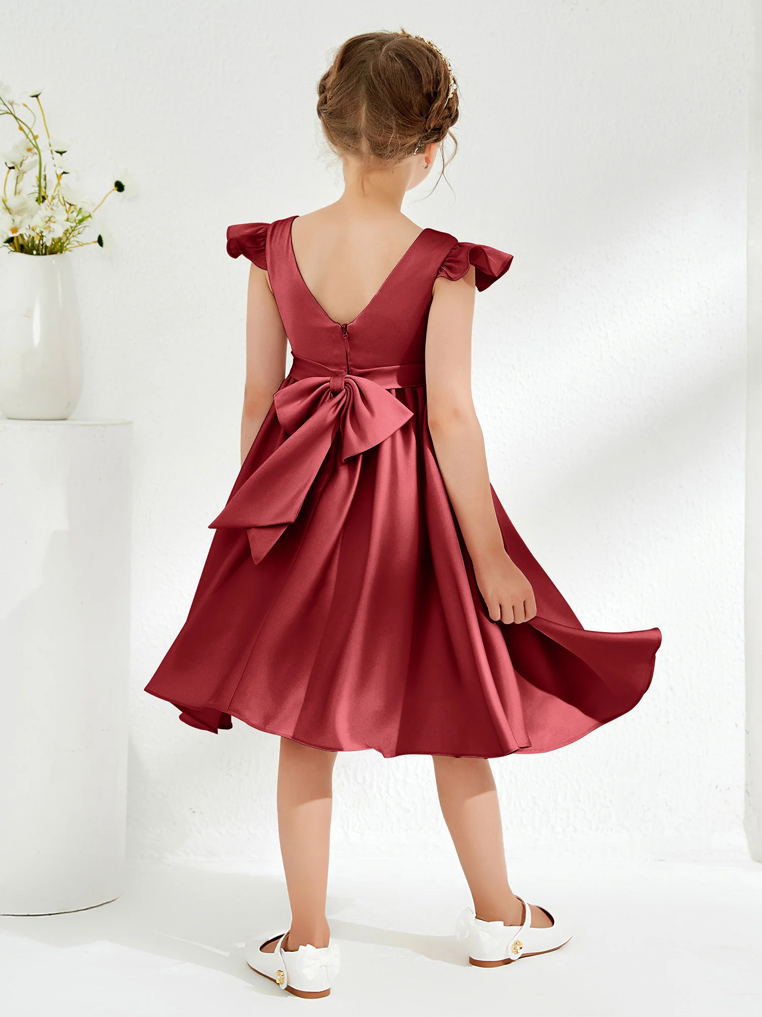 Cute Cap Sleeves Acetate Satin Flower Girl Dresses Burgundy - Image 2