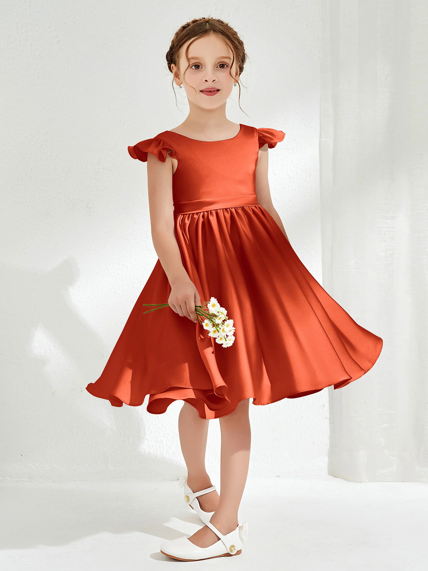 Cute Cap Sleeves Acetate Satin Flower Girl Dresses Burnt Orange - Image 3
