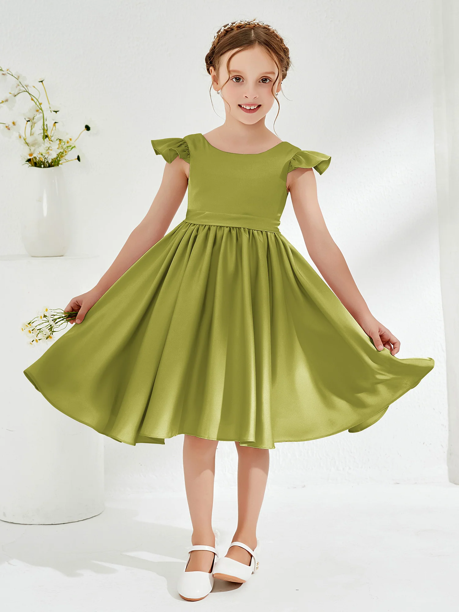 Cute Cap Sleeves Acetate Satin Flower Girl Dresses Clover