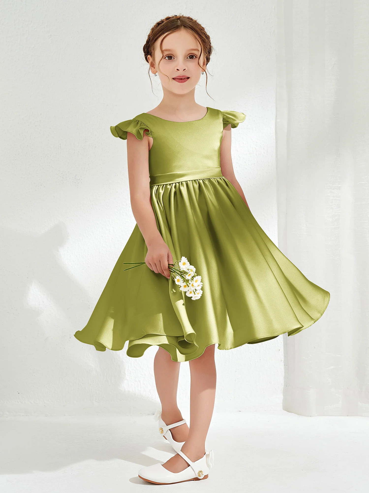 Cute Cap Sleeves Acetate Satin Flower Girl Dresses Clover - Image 3