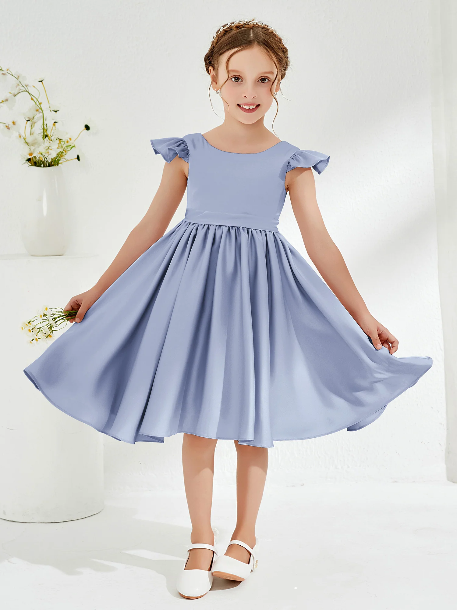 Cute Cap Sleeves Acetate Satin Flower Girl Dresses Dusty Blue