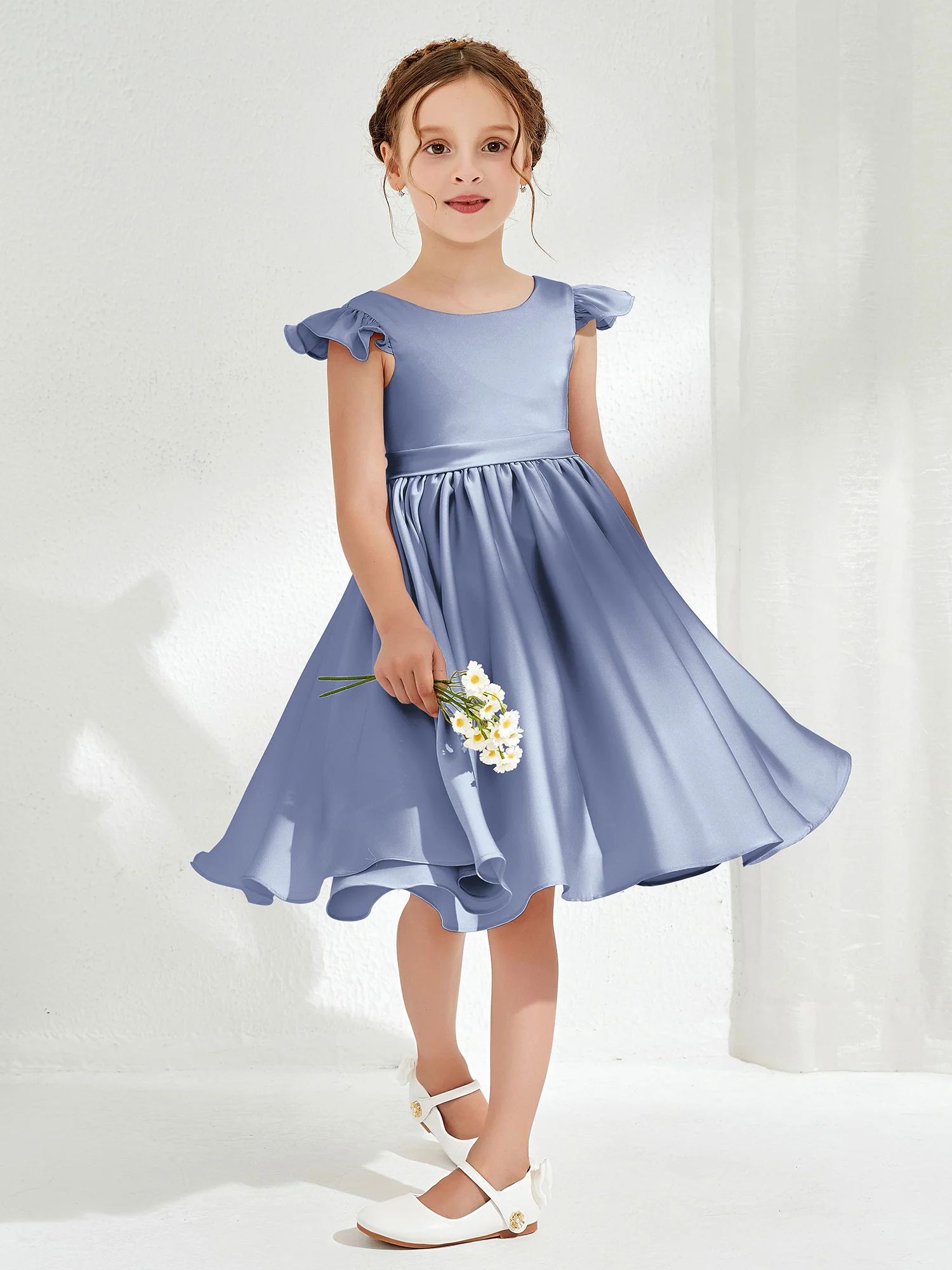 Cute Cap Sleeves Acetate Satin Flower Girl Dresses Dusty Blue - Image 3