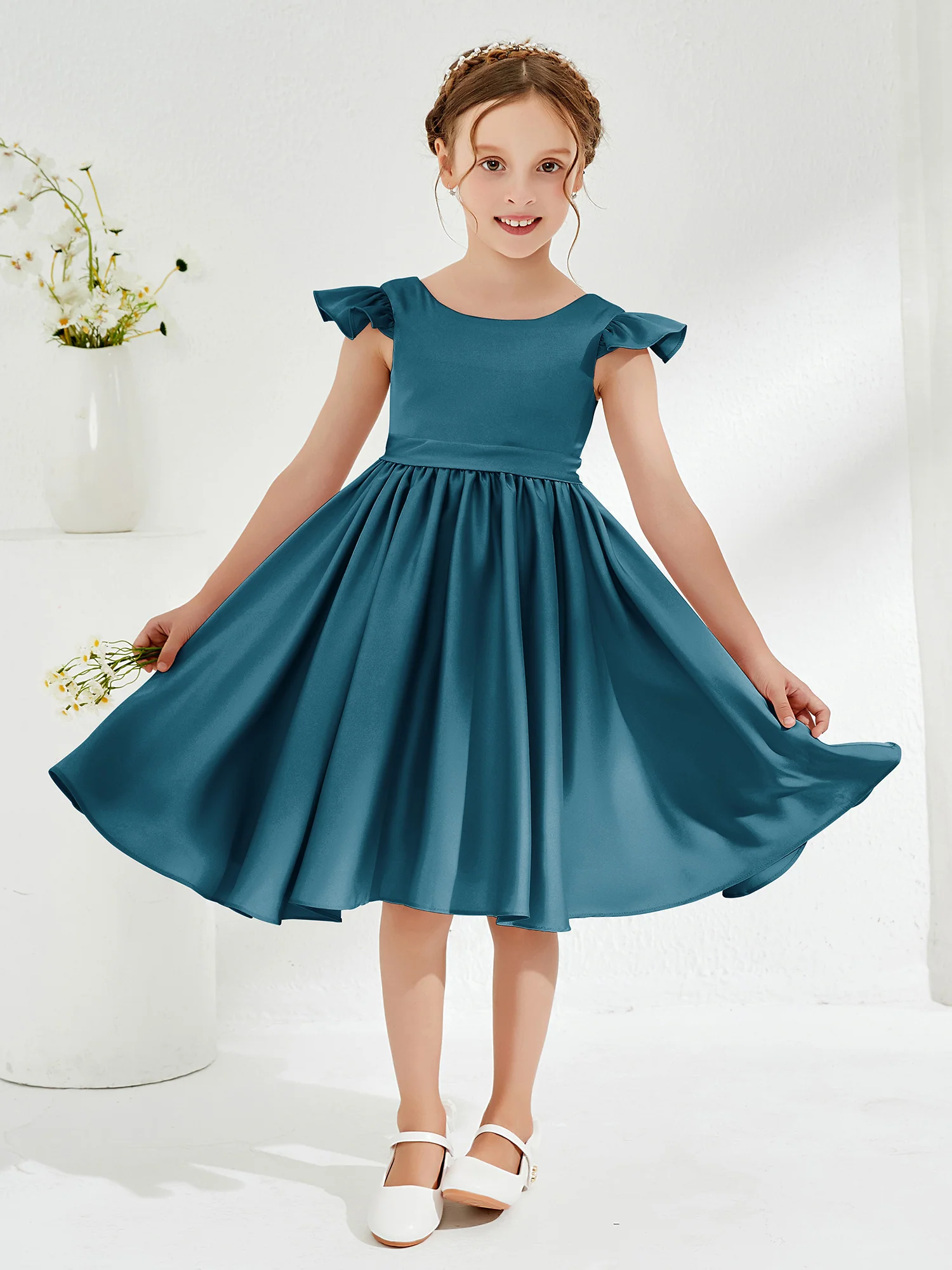 Cute Cap Sleeves Acetate Satin Flower Girl Dresses Ink Blue