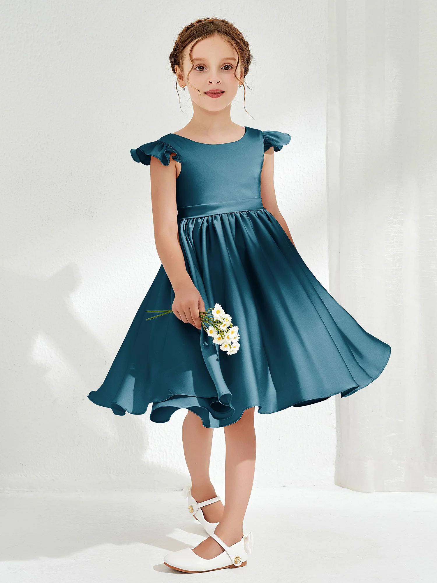 Cute Cap Sleeves Acetate Satin Flower Girl Dresses Ink Blue - Image 3