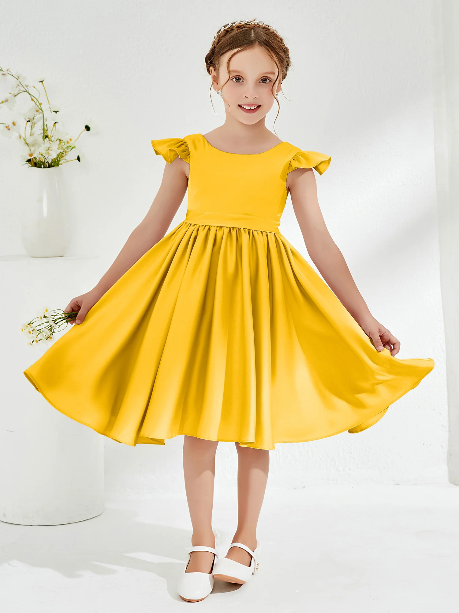 Cute Cap Sleeves Acetate Satin Flower Girl Dresses Marigold