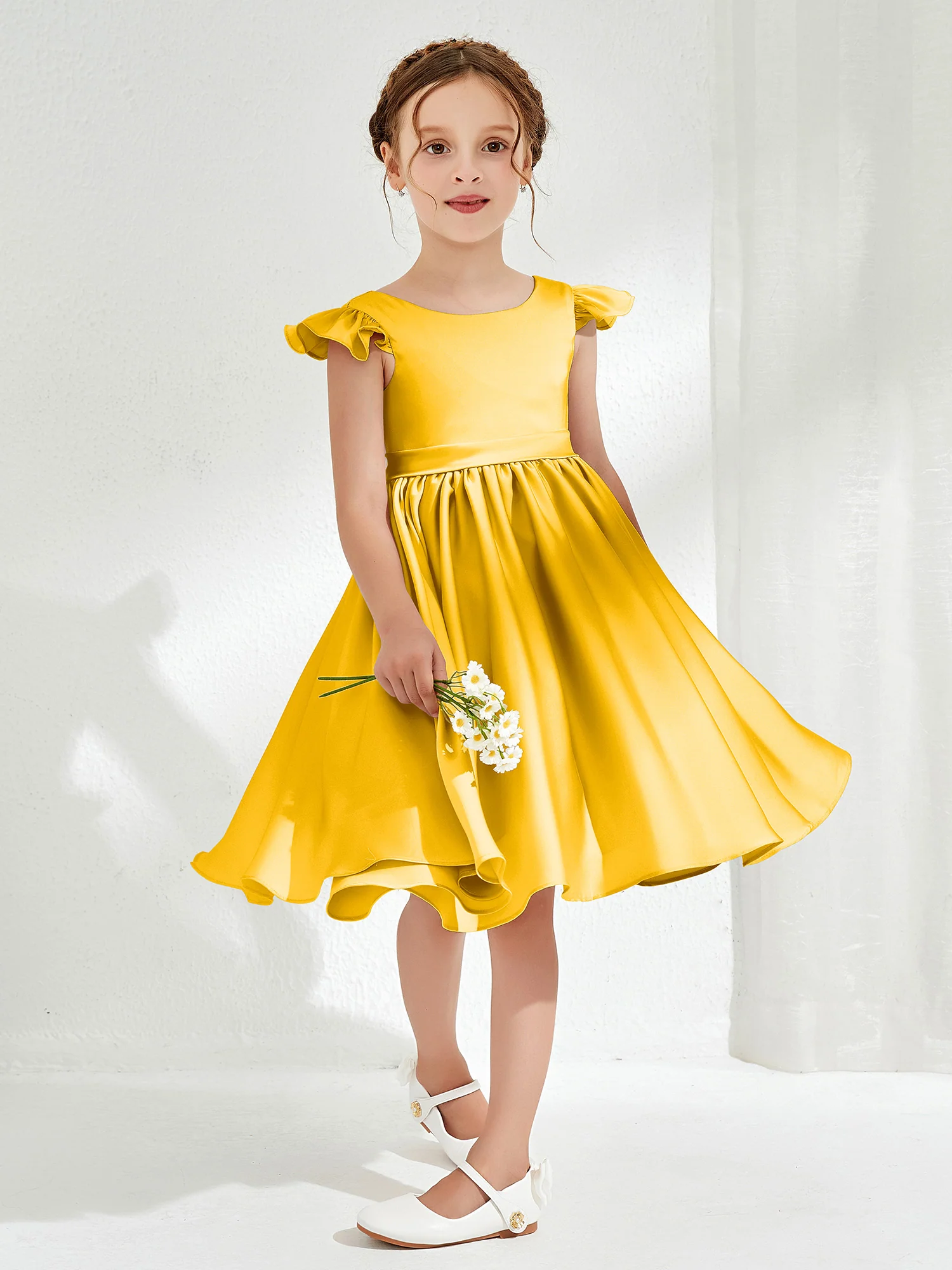 Cute Cap Sleeves Acetate Satin Flower Girl Dresses Marigold - Image 3