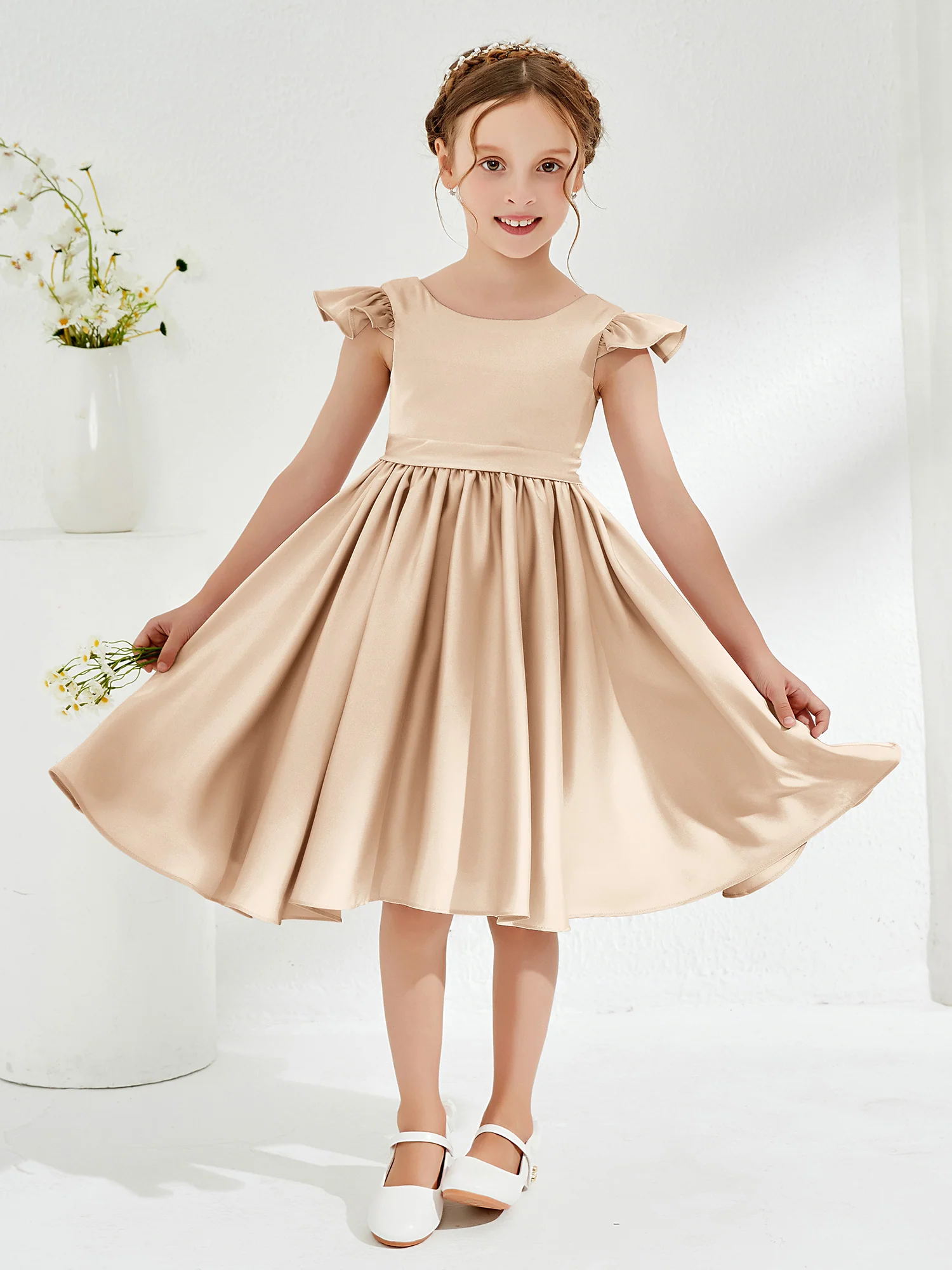 Cute Cap Sleeves Acetate Satin Flower Girl Dresses Peach