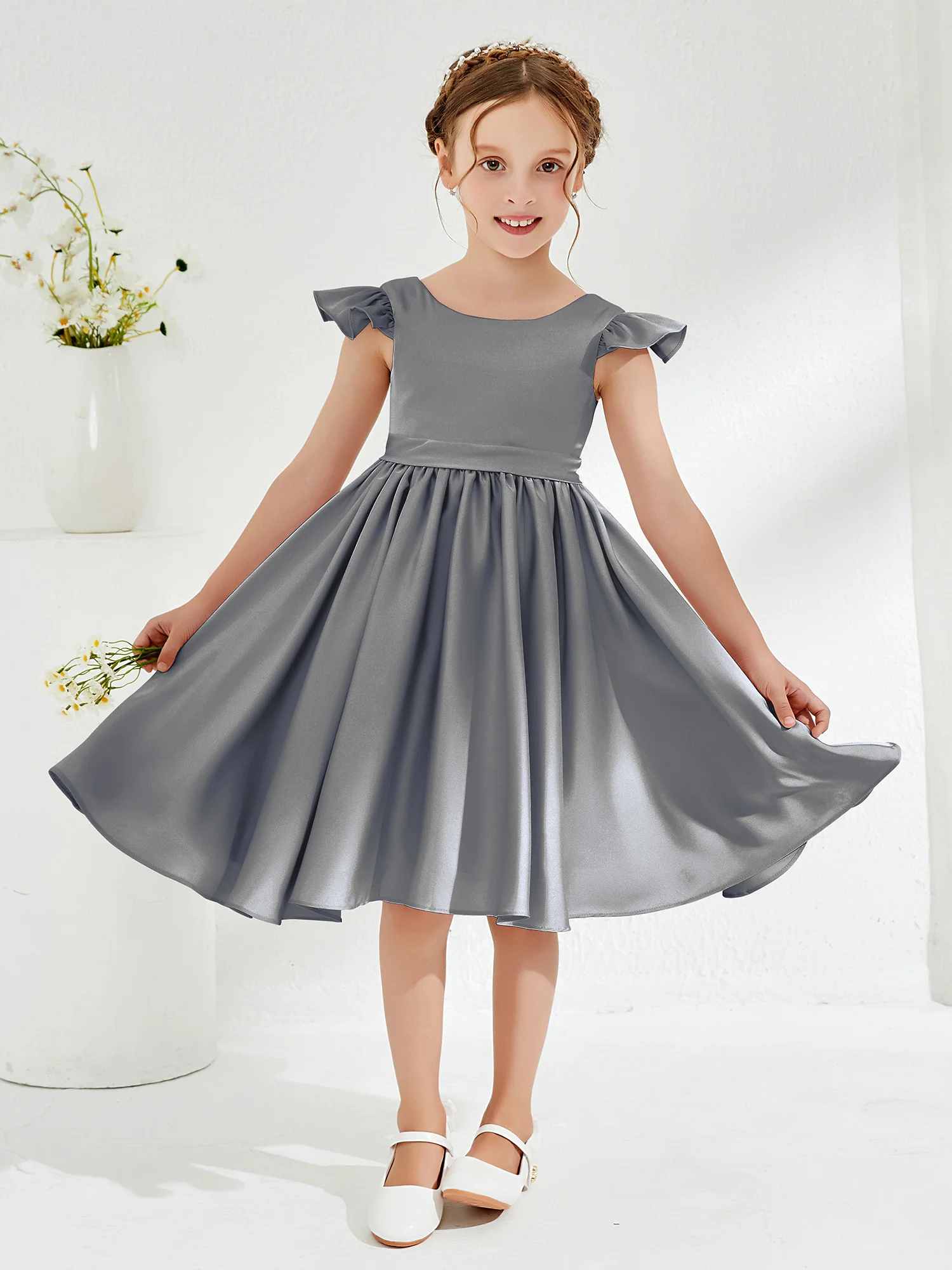 Cute Cap Sleeves Acetate Satin Flower Girl Dresses Steel Grey