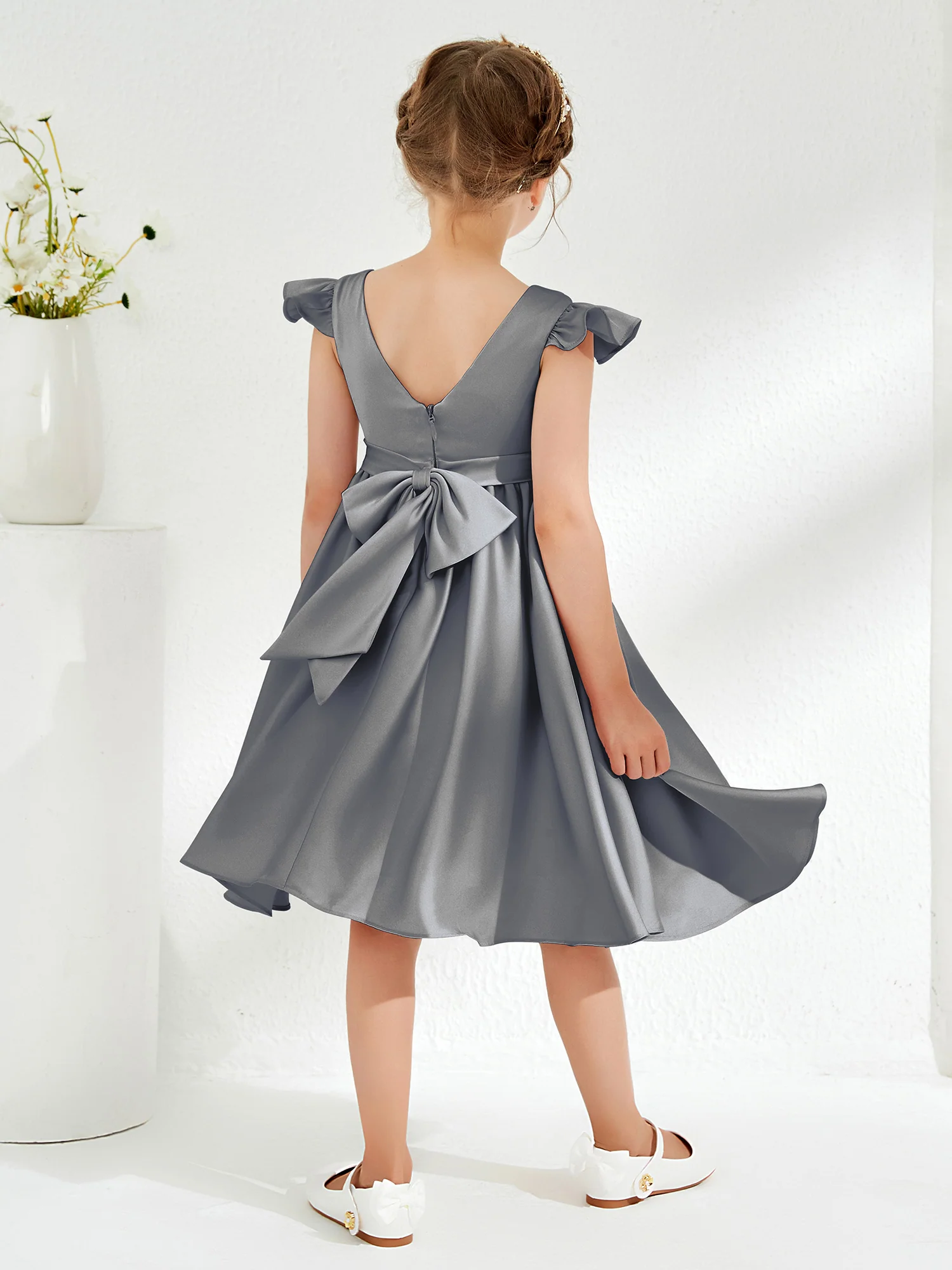 Cute Cap Sleeves Acetate Satin Flower Girl Dresses Steel Grey - Image 2