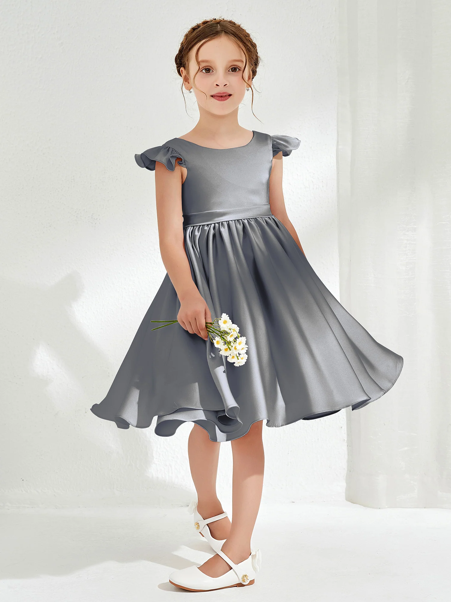 Cute Cap Sleeves Acetate Satin Flower Girl Dresses Steel Grey - Image 3