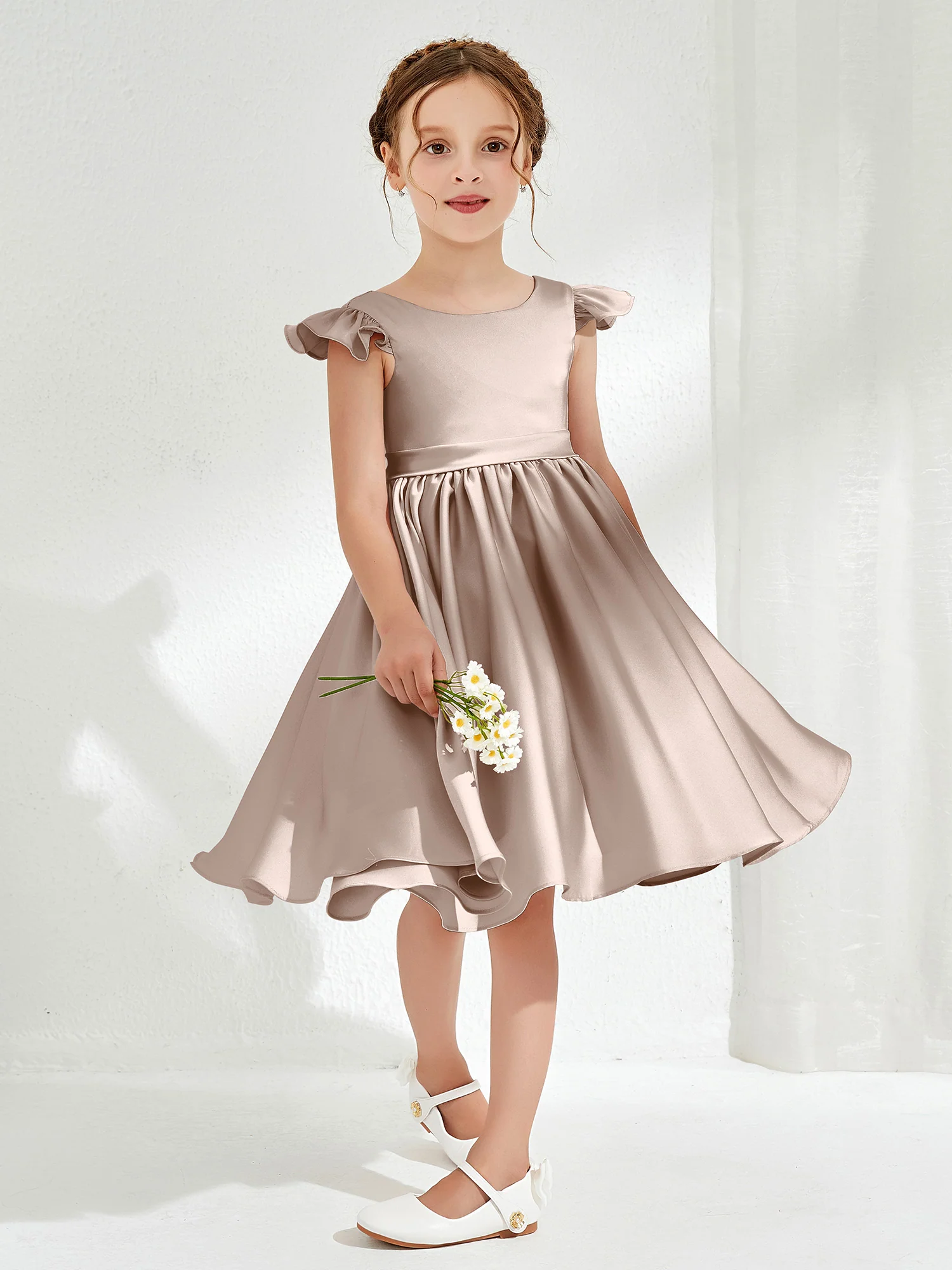 Cute Cap Sleeves Acetate Satin Flower Girl Dresses Taupe - Image 3