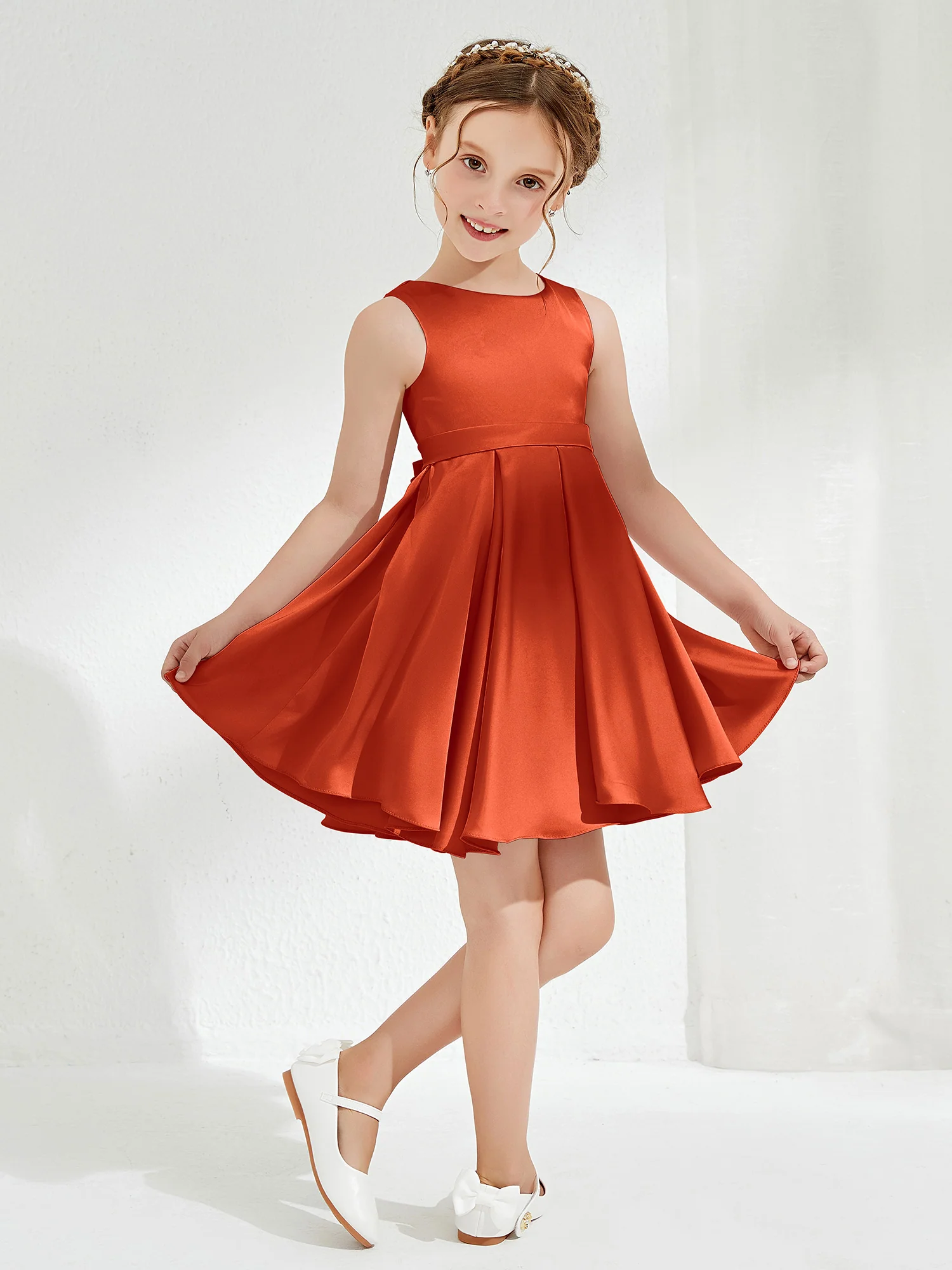 Cute Scoop Pleated Knee-Length Girl's Dress Burnt Orange