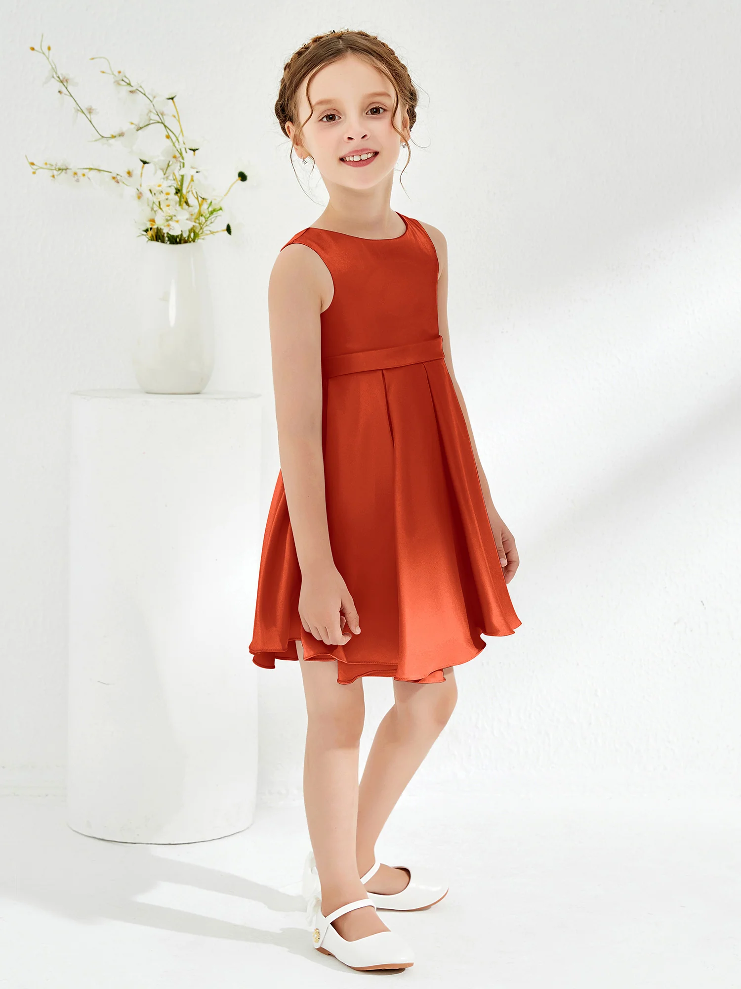 Cute Scoop Pleated Knee-Length Girl's Dress Burnt Orange - Image 3
