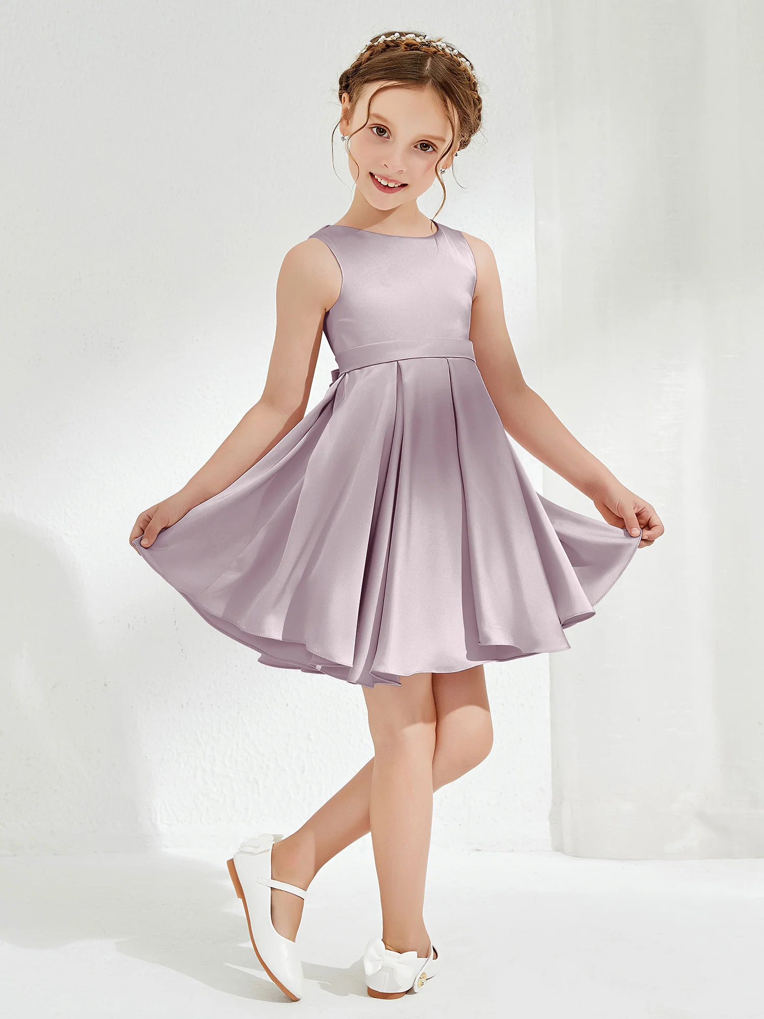 Cute Scoop Pleated Knee-Length Girl's Dress Dusk