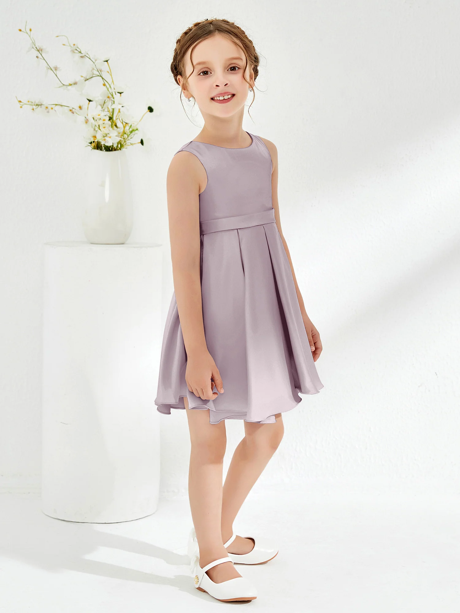 Cute Scoop Pleated Knee-Length Girl's Dress Dusk - Image 3