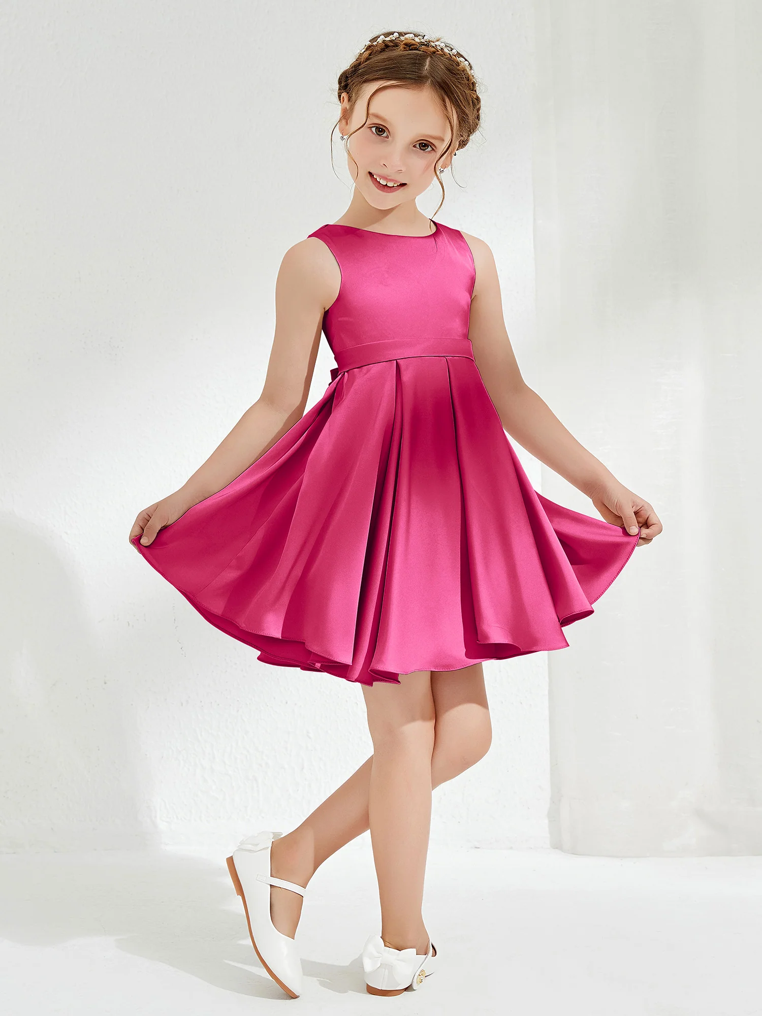 Cute Scoop Pleated Knee-Length Girl's Dress Fuchsia