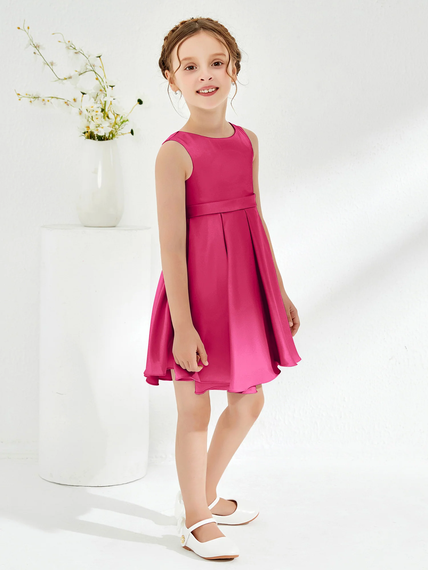 Cute Scoop Pleated Knee-Length Girl's Dress Fuchsia - Image 3