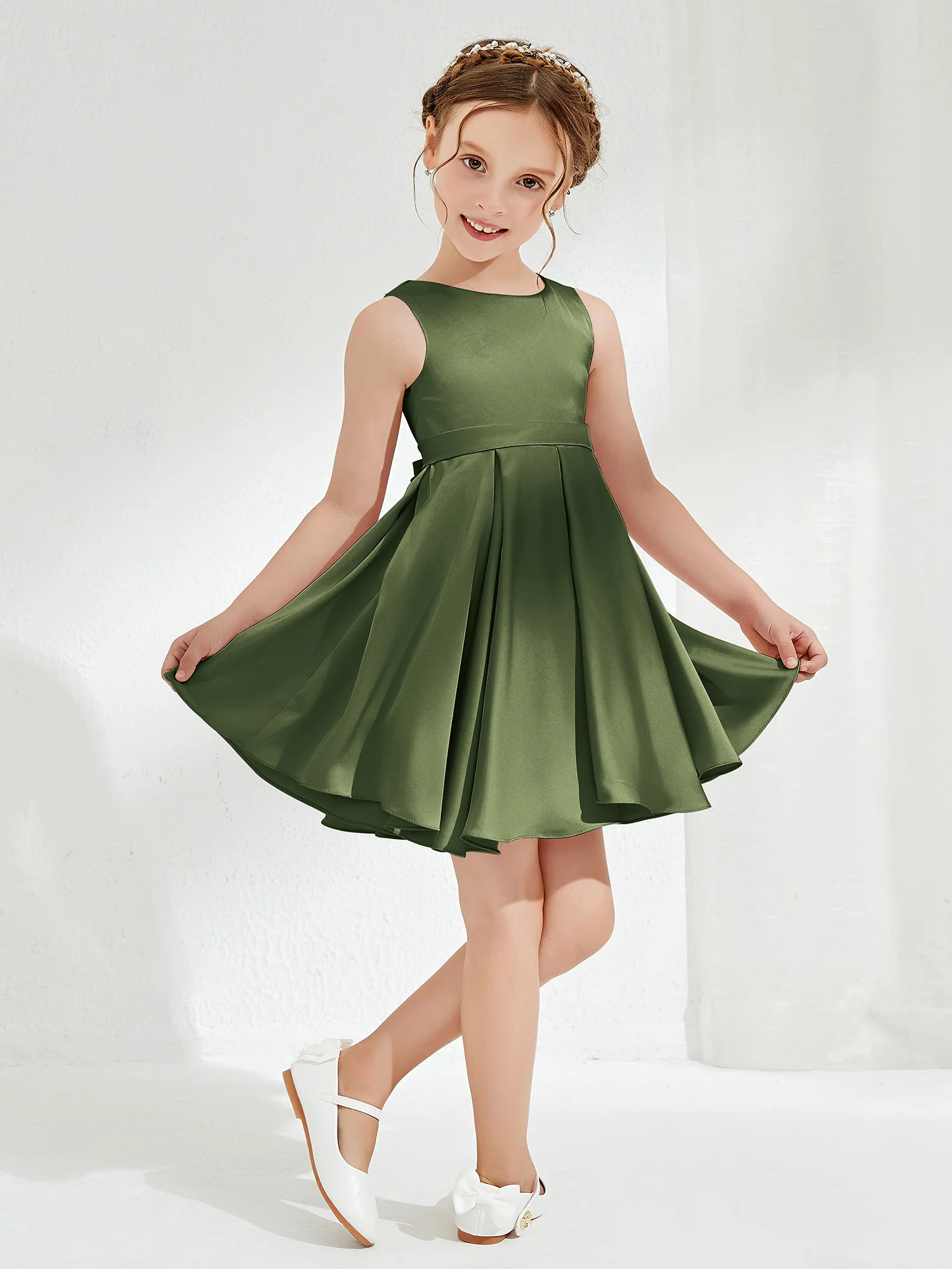 Cute Scoop Pleated Knee-Length Girl's Dress Olive Green