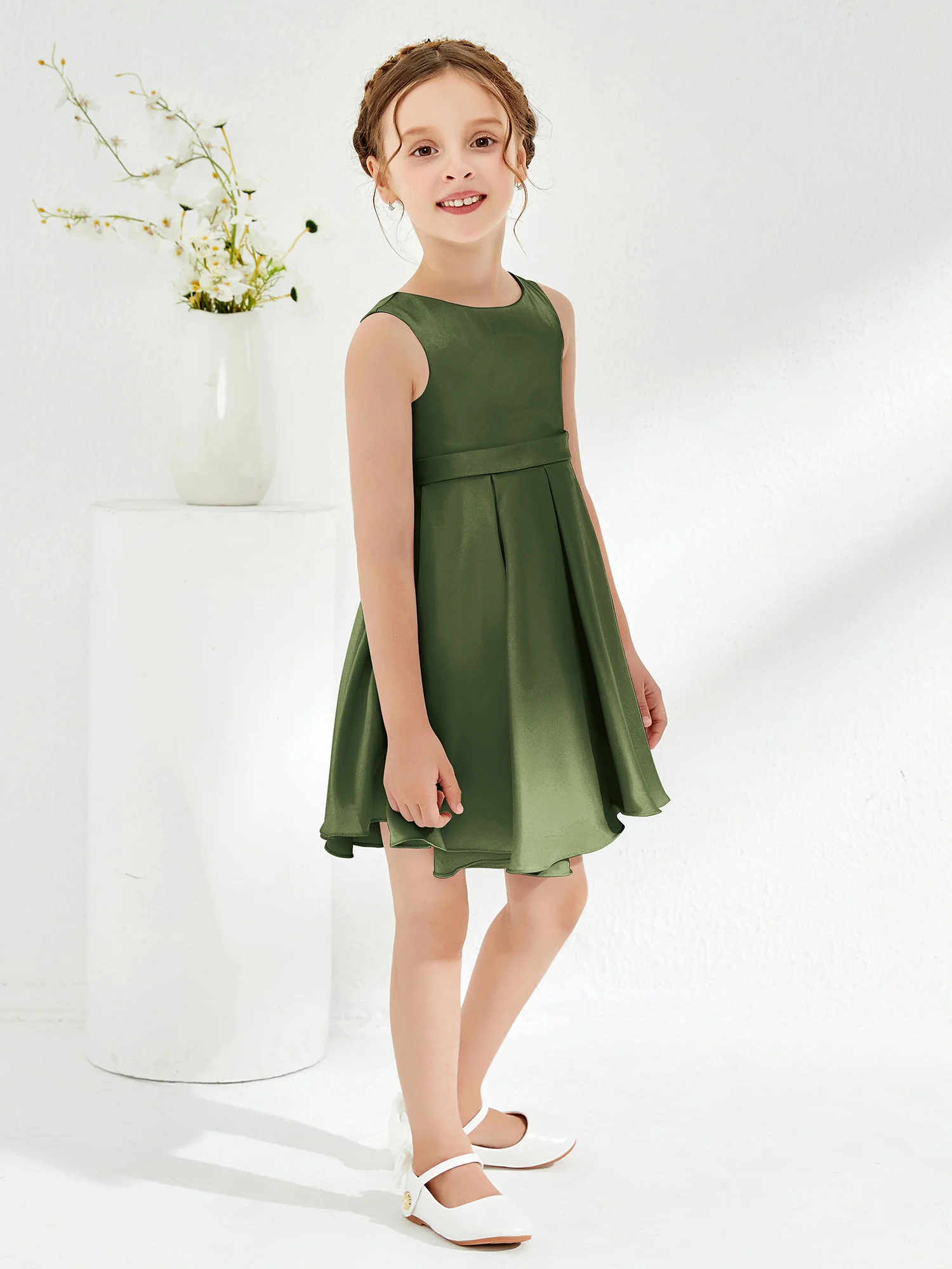 Cute Scoop Pleated Knee-Length Girl's Dress Olive Green - Image 3