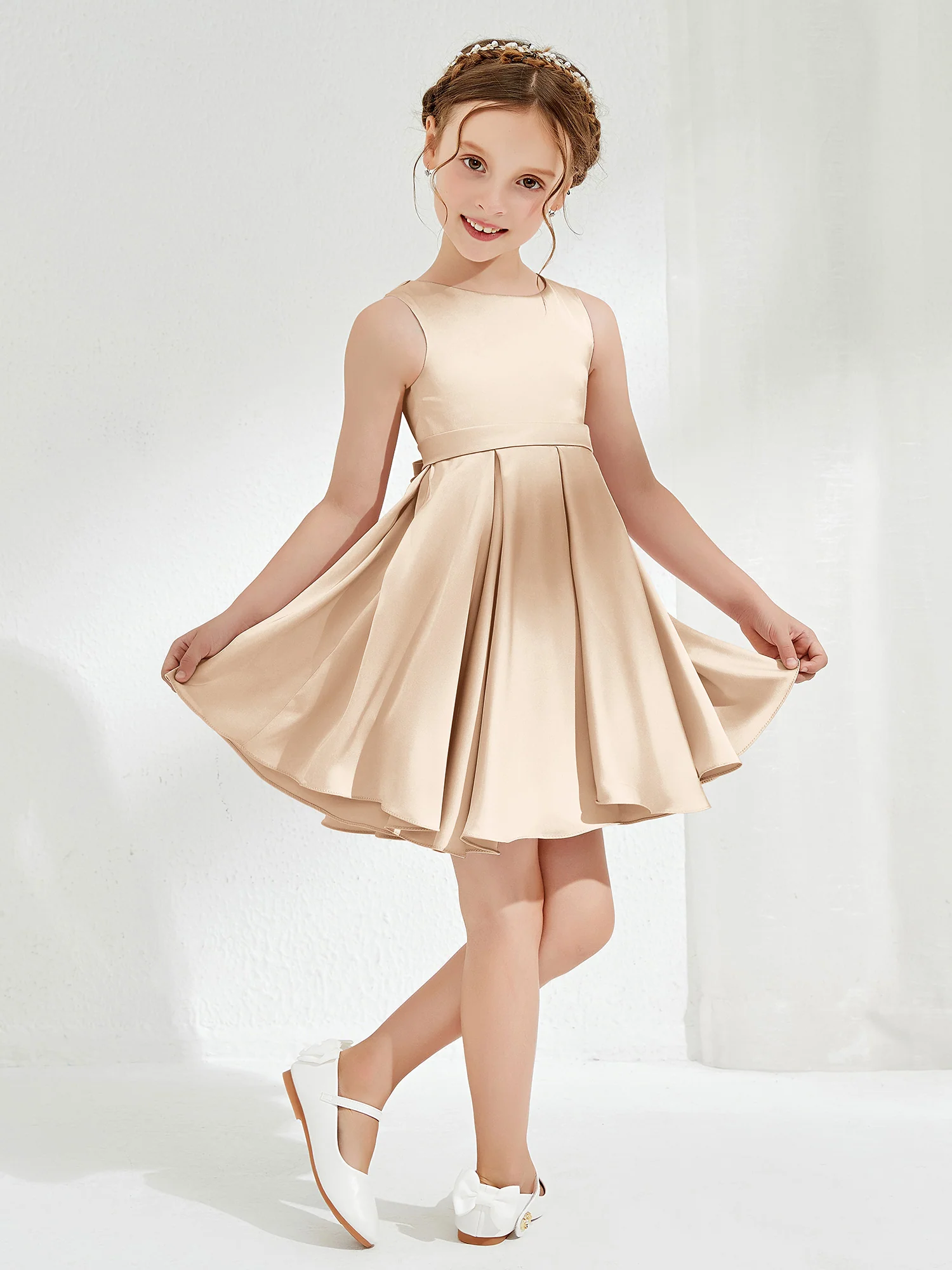 Cute Scoop Pleated Knee-Length Girl's Dress Peach