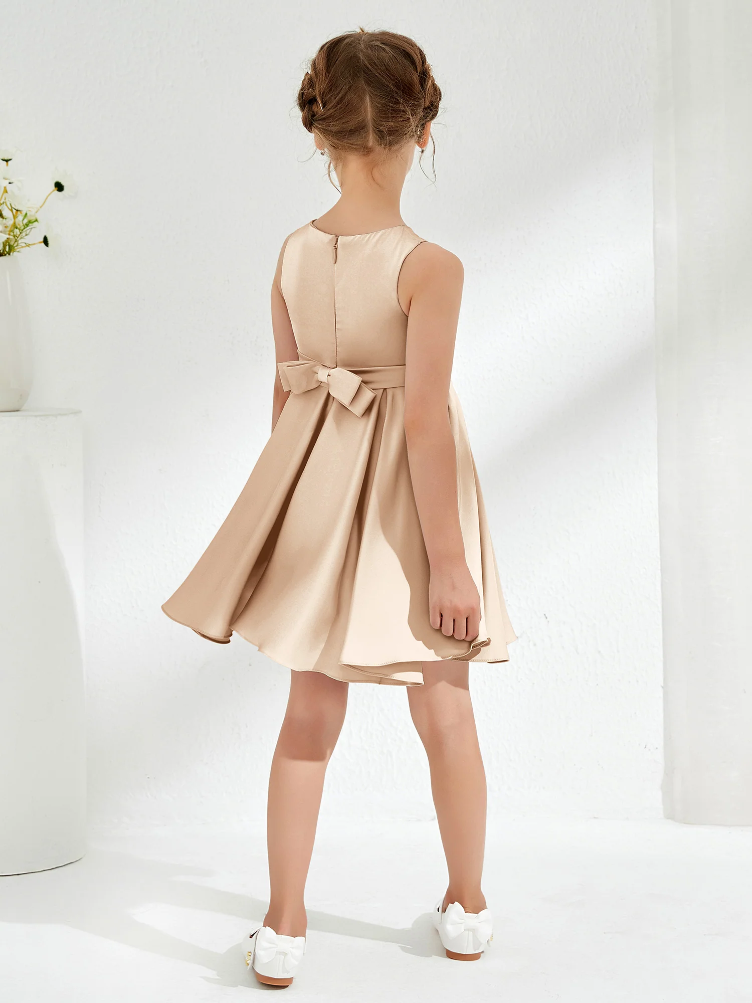 Cute Scoop Pleated Knee-Length Girl's Dress Peach - Image 2