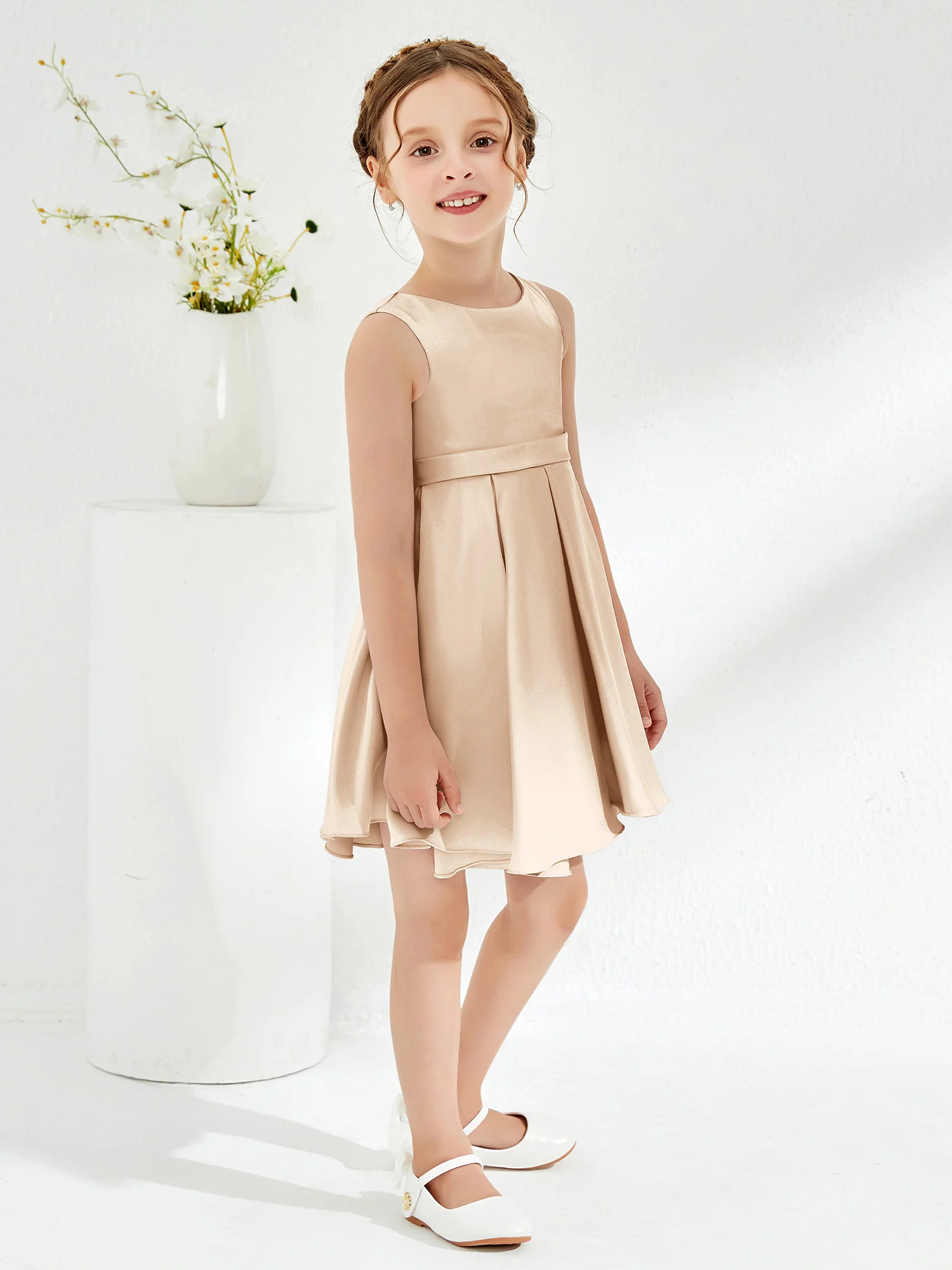 Cute Scoop Pleated Knee-Length Girl's Dress Peach - Image 3