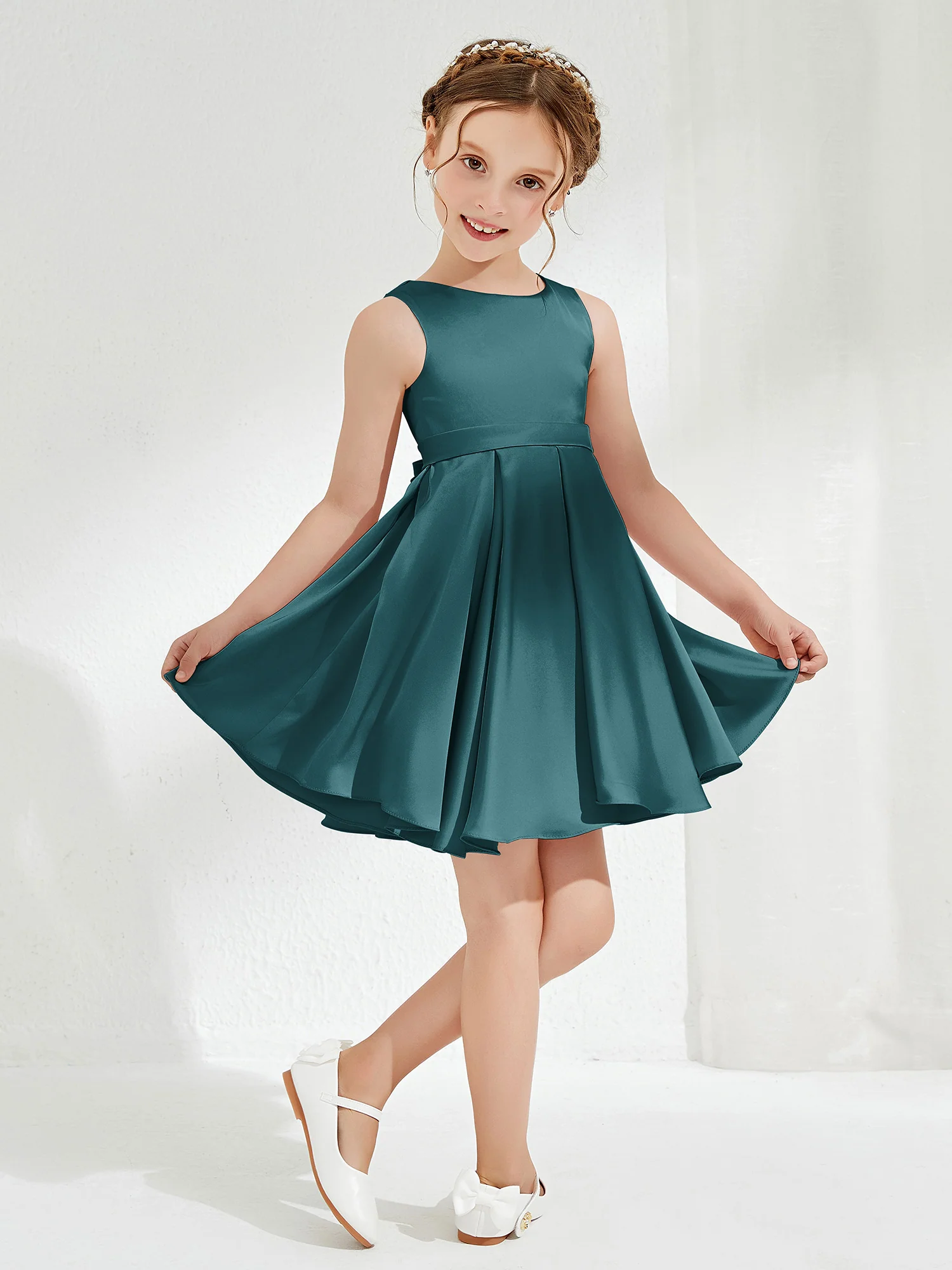 Cute Scoop Pleated Knee-Length Girl's Dress Peacock