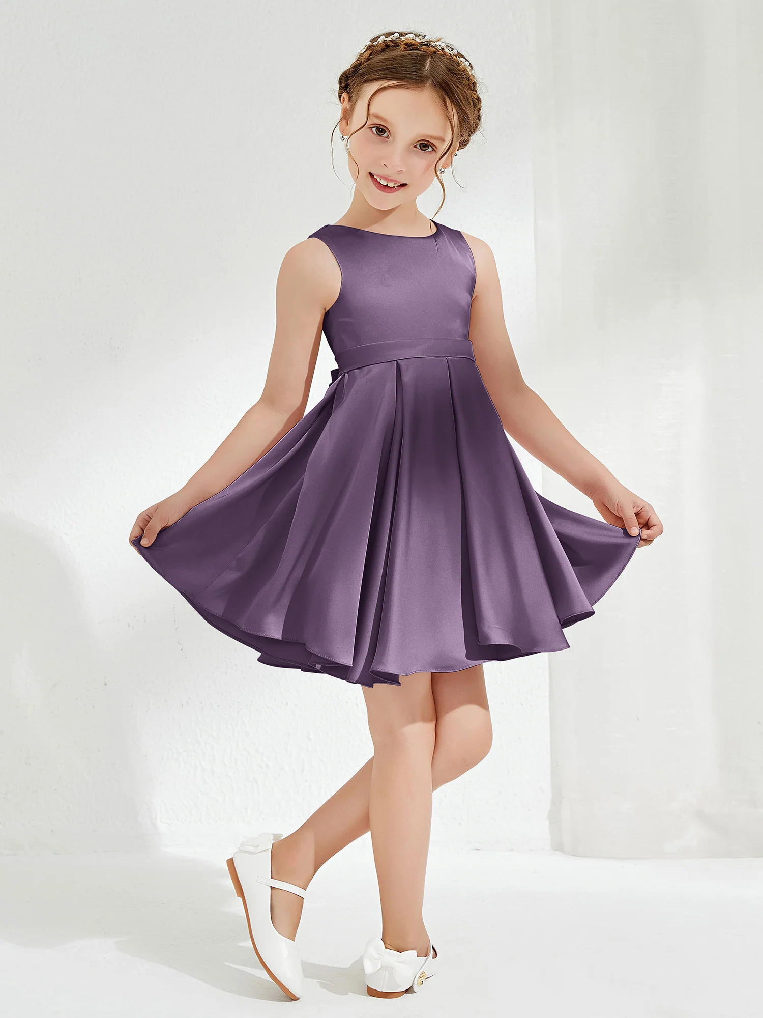 Cute Scoop Pleated Knee-Length Girl's Dress Plum