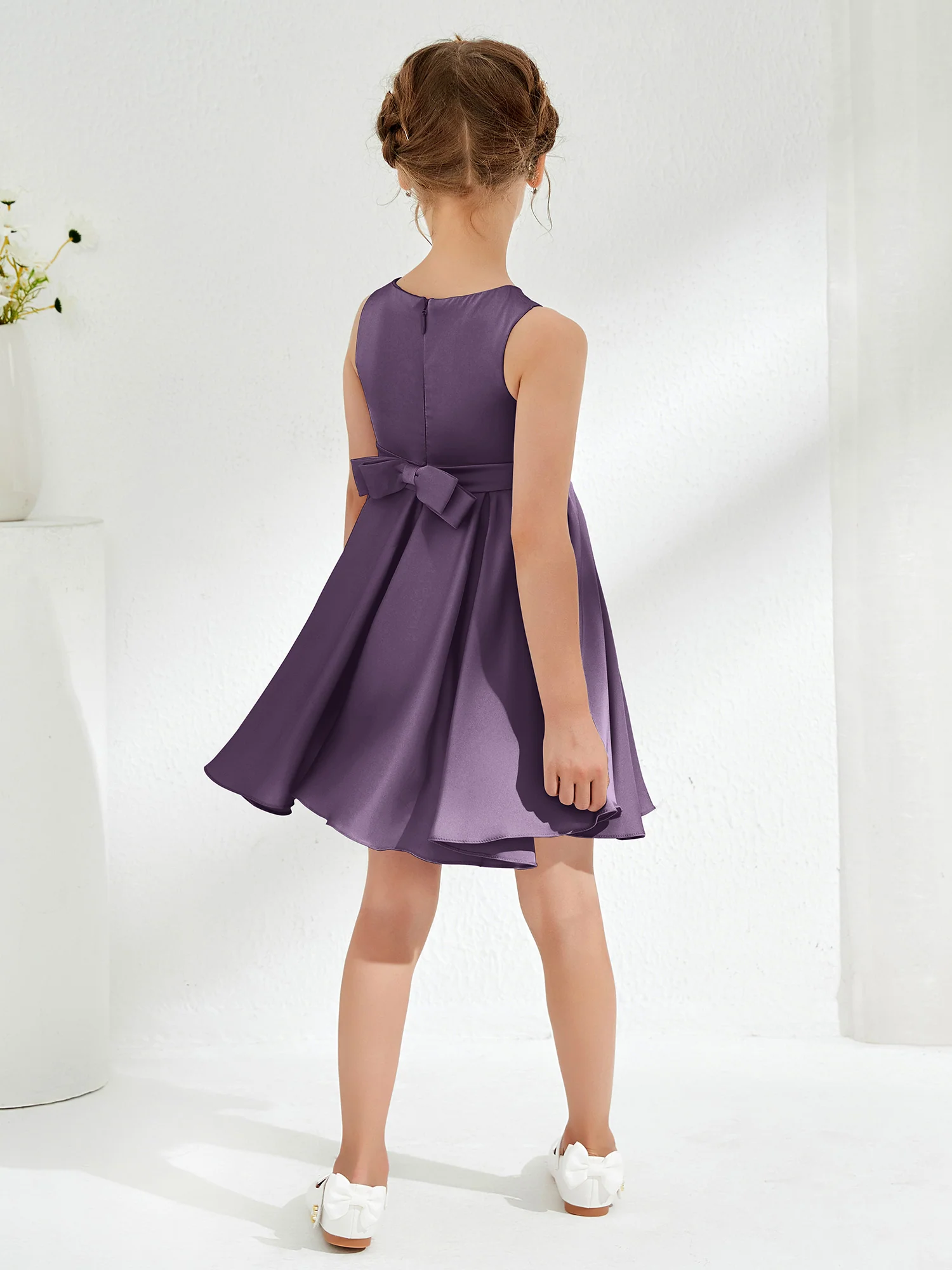 Cute Scoop Pleated Knee-Length Girl's Dress Plum - Image 2