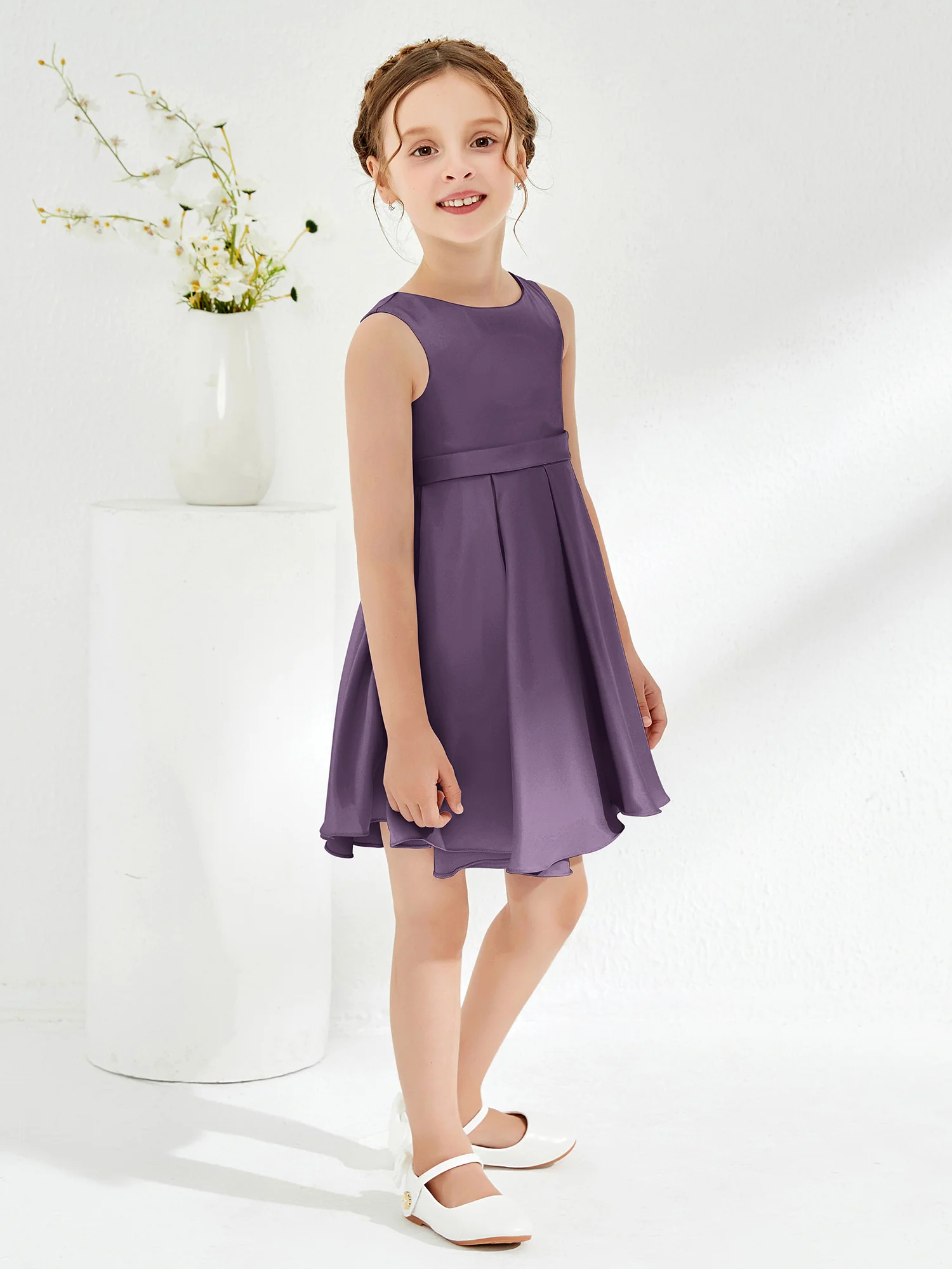Cute Scoop Pleated Knee-Length Girl's Dress Plum - Image 3