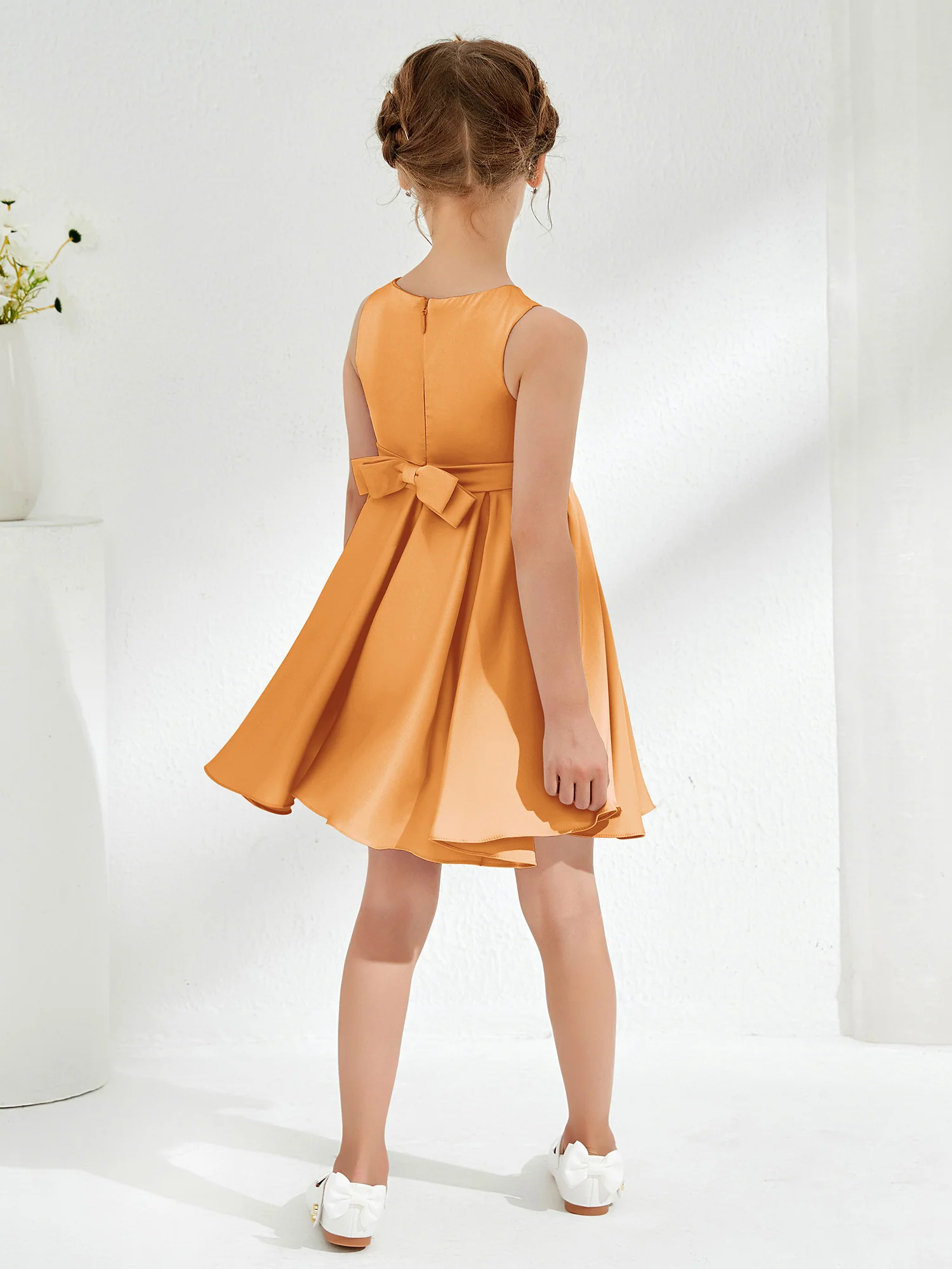 Cute Scoop Pleated Knee-Length Girl's Dress Tangerine - Image 2