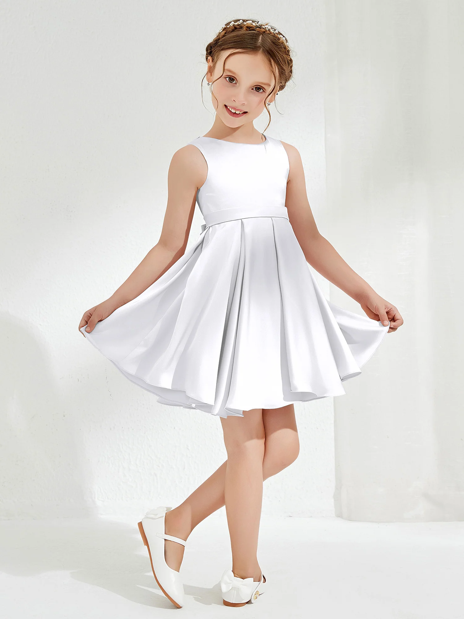Cute Scoop Pleated Knee-Length Girl's Dress White