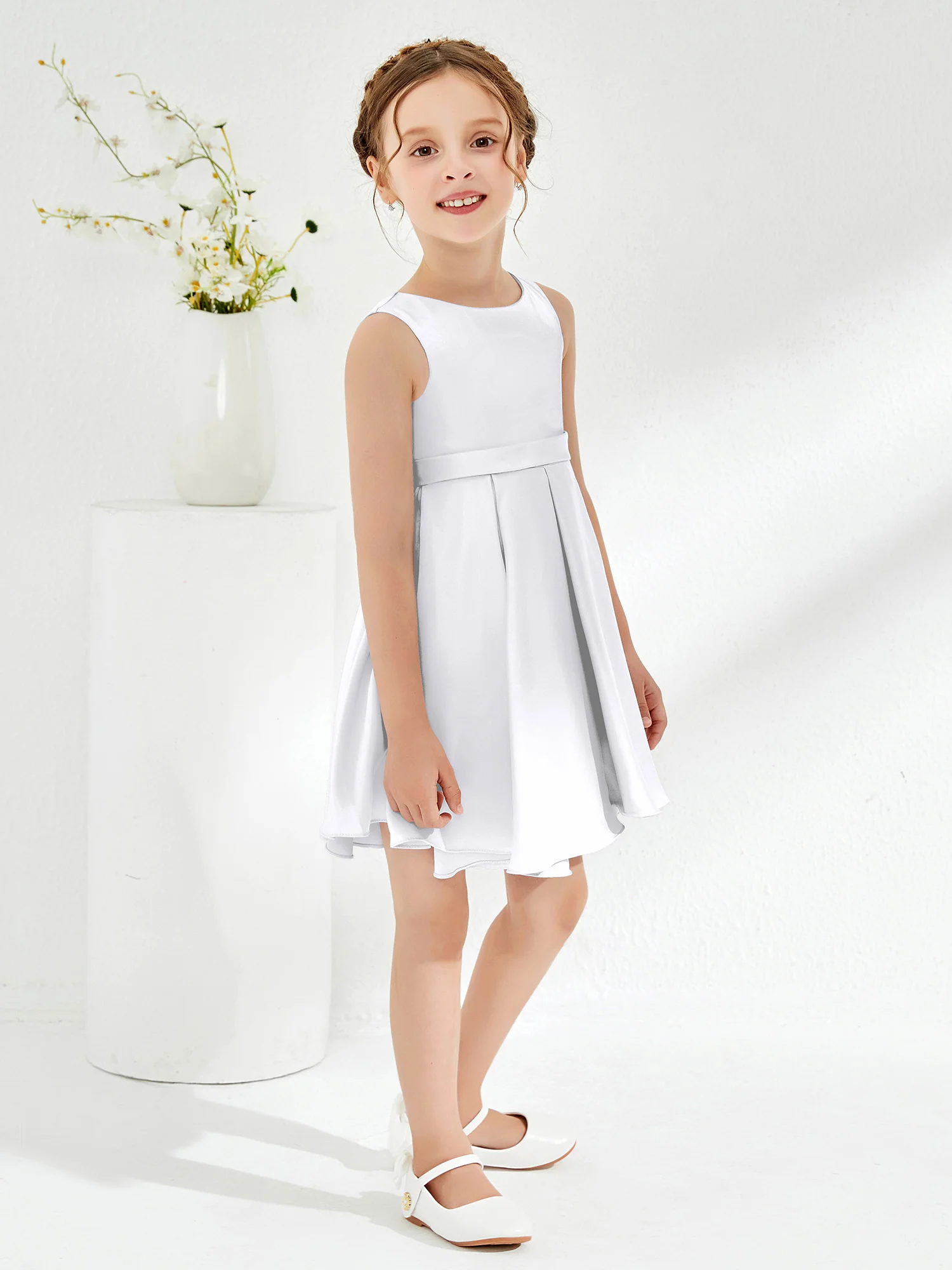 Cute Scoop Pleated Knee-Length Girl's Dress White - Image 3