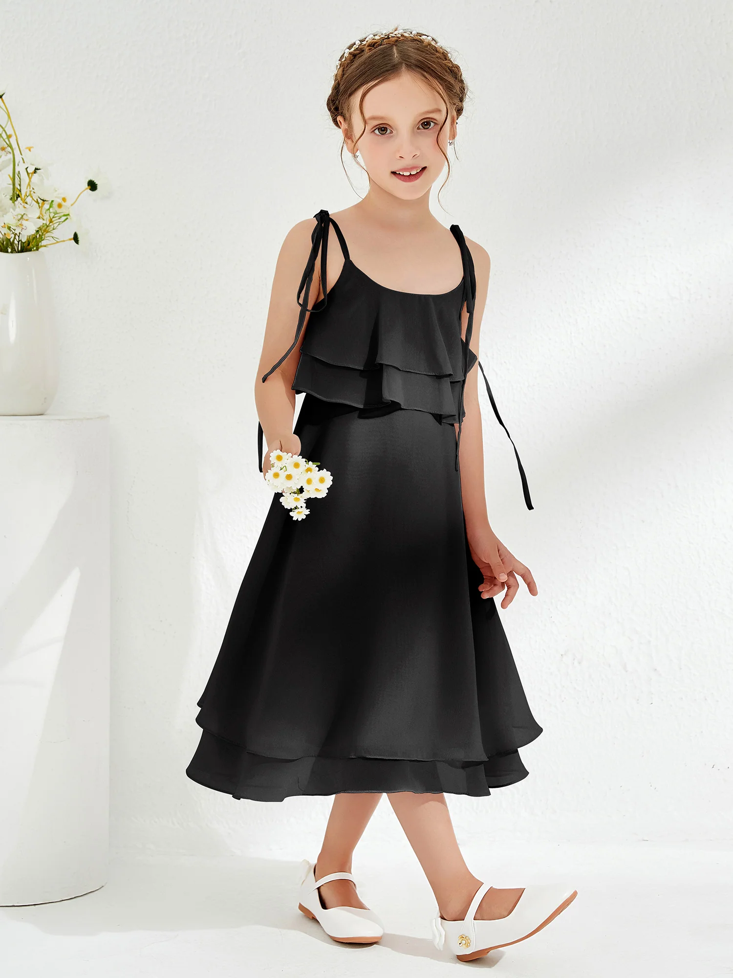 Cute Two Layers Ruffles Junior Bridesmaid Dresses Black - Image 3