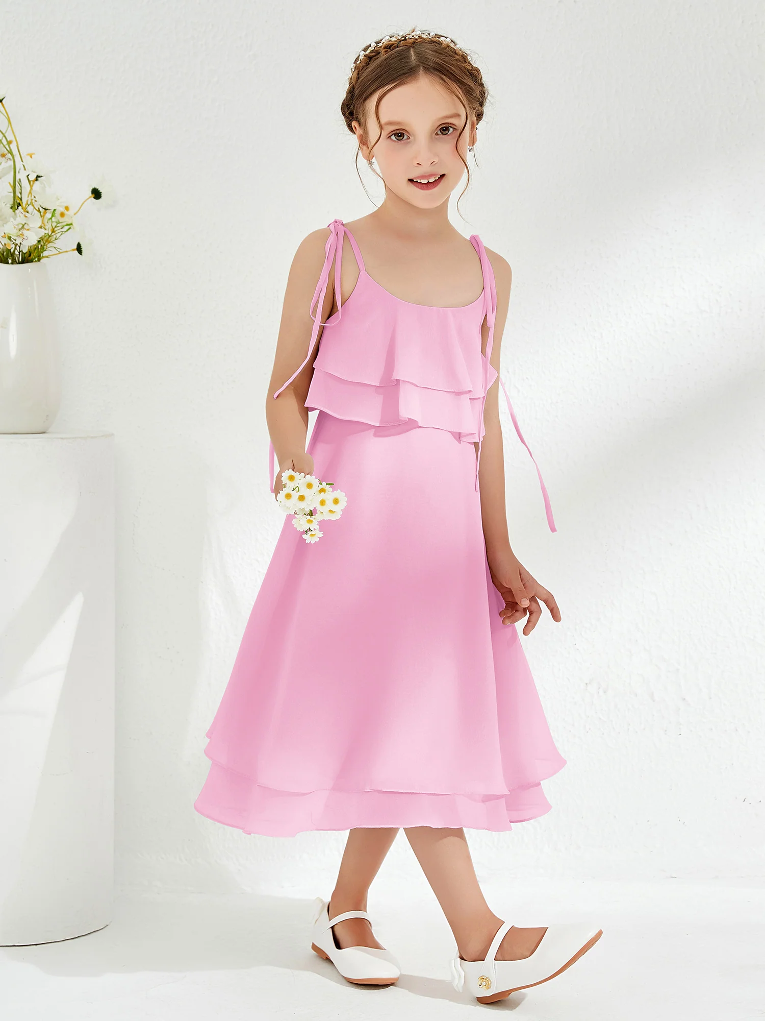 Cute Two Layers Ruffles Junior Bridesmaid Dresses Candy Pink - Image 3
