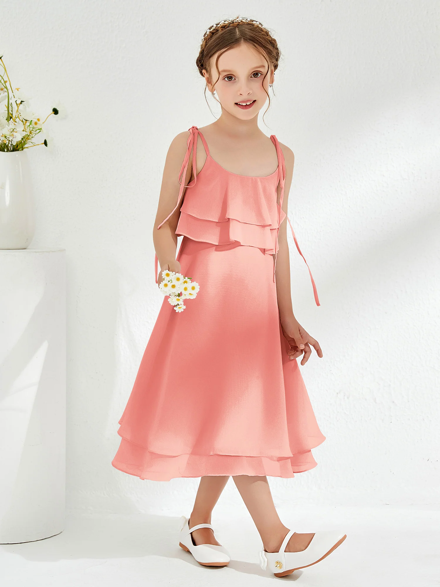 Cute Two Layers Ruffles Junior Bridesmaid Dresses Coral - Image 3