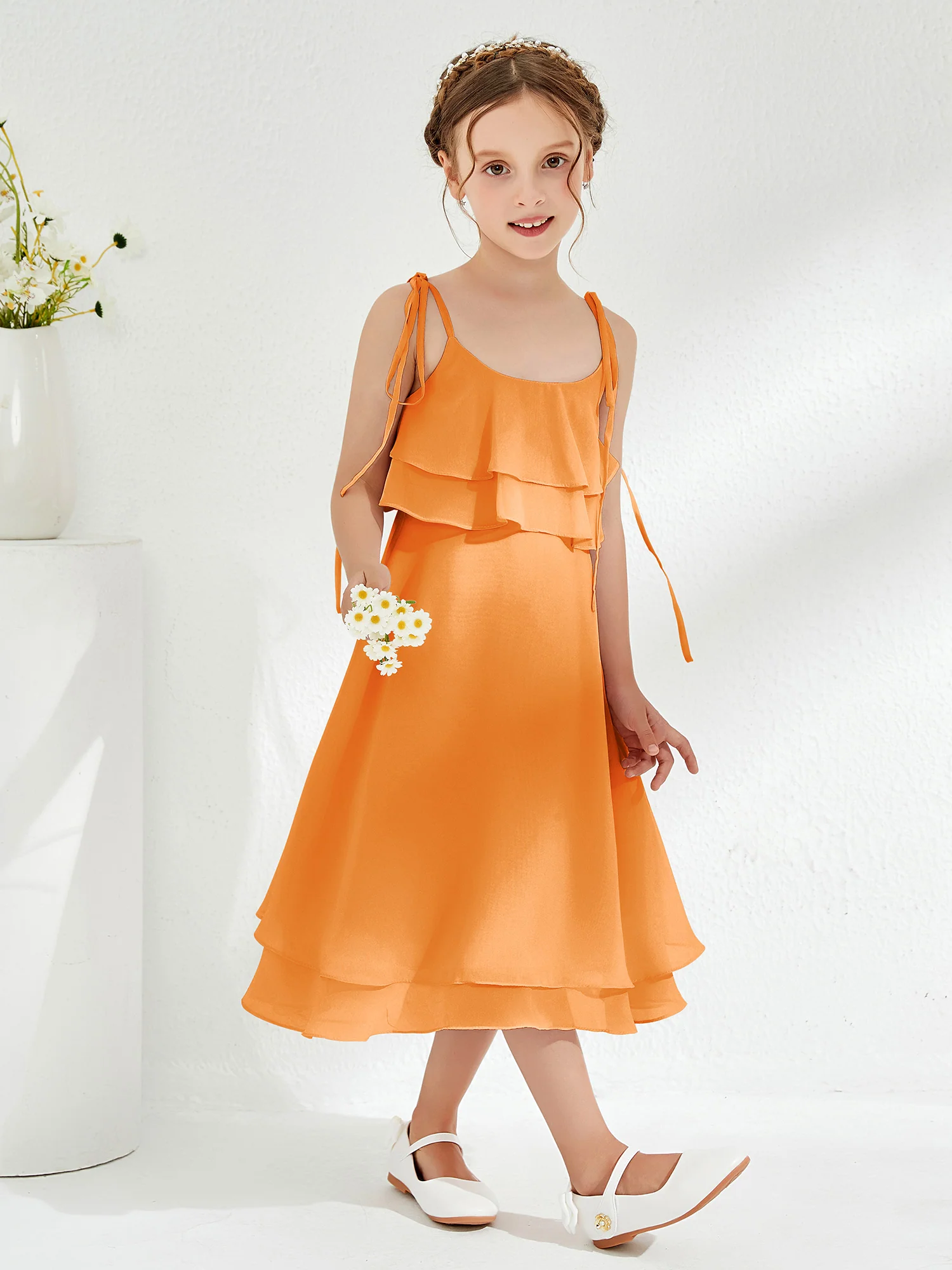 Cute Two Layers Ruffles Junior Bridesmaid Dresses Orange - Image 3
