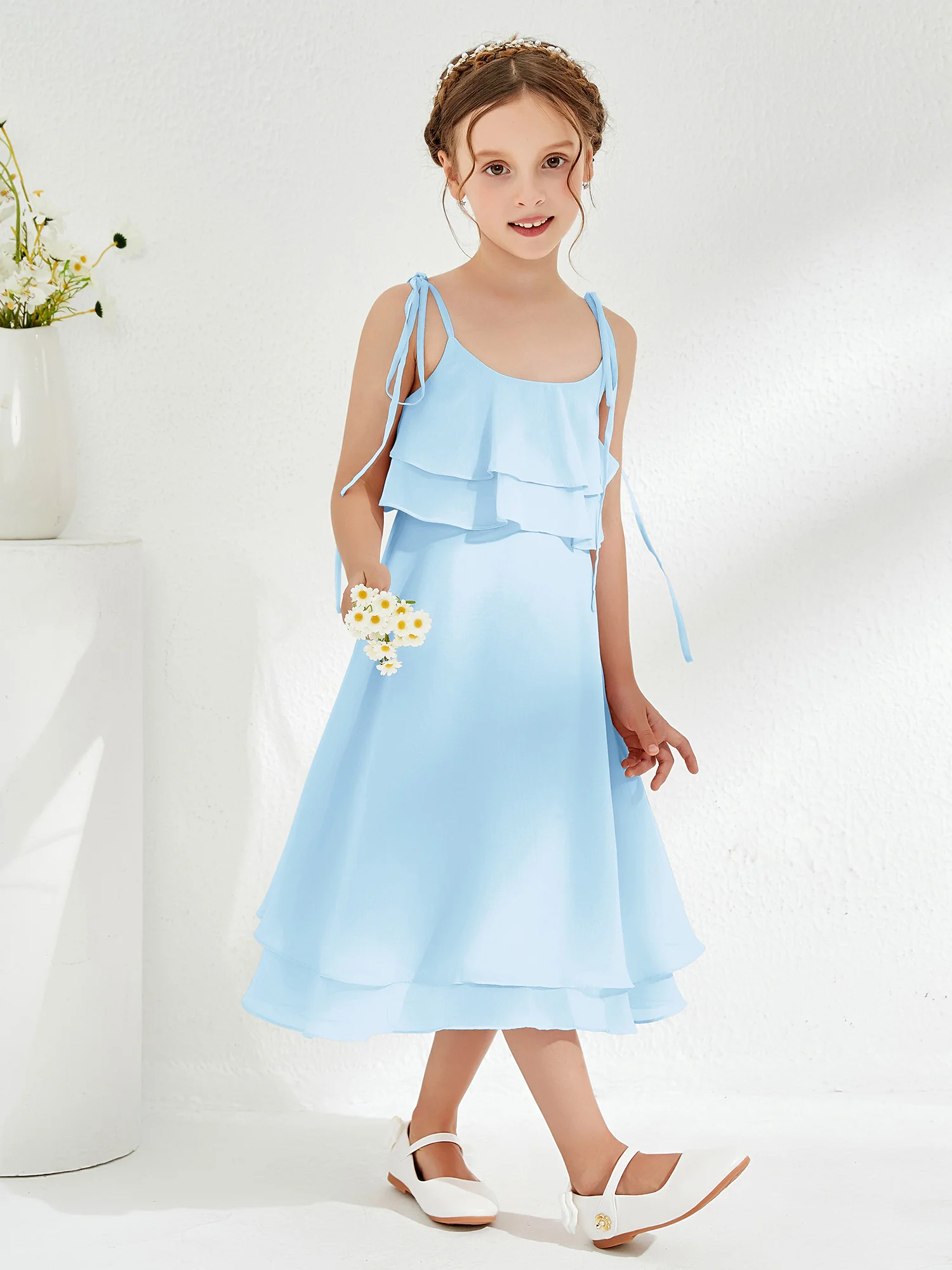 Cute Two Layers Ruffles Junior Bridesmaid Dresses Sky Blue - Image 3