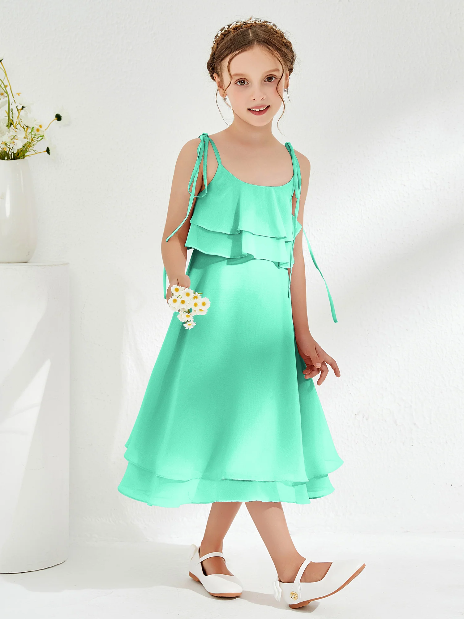 Cute Two Layers Ruffles Junior Bridesmaid Dresses Turquoise - Image 3