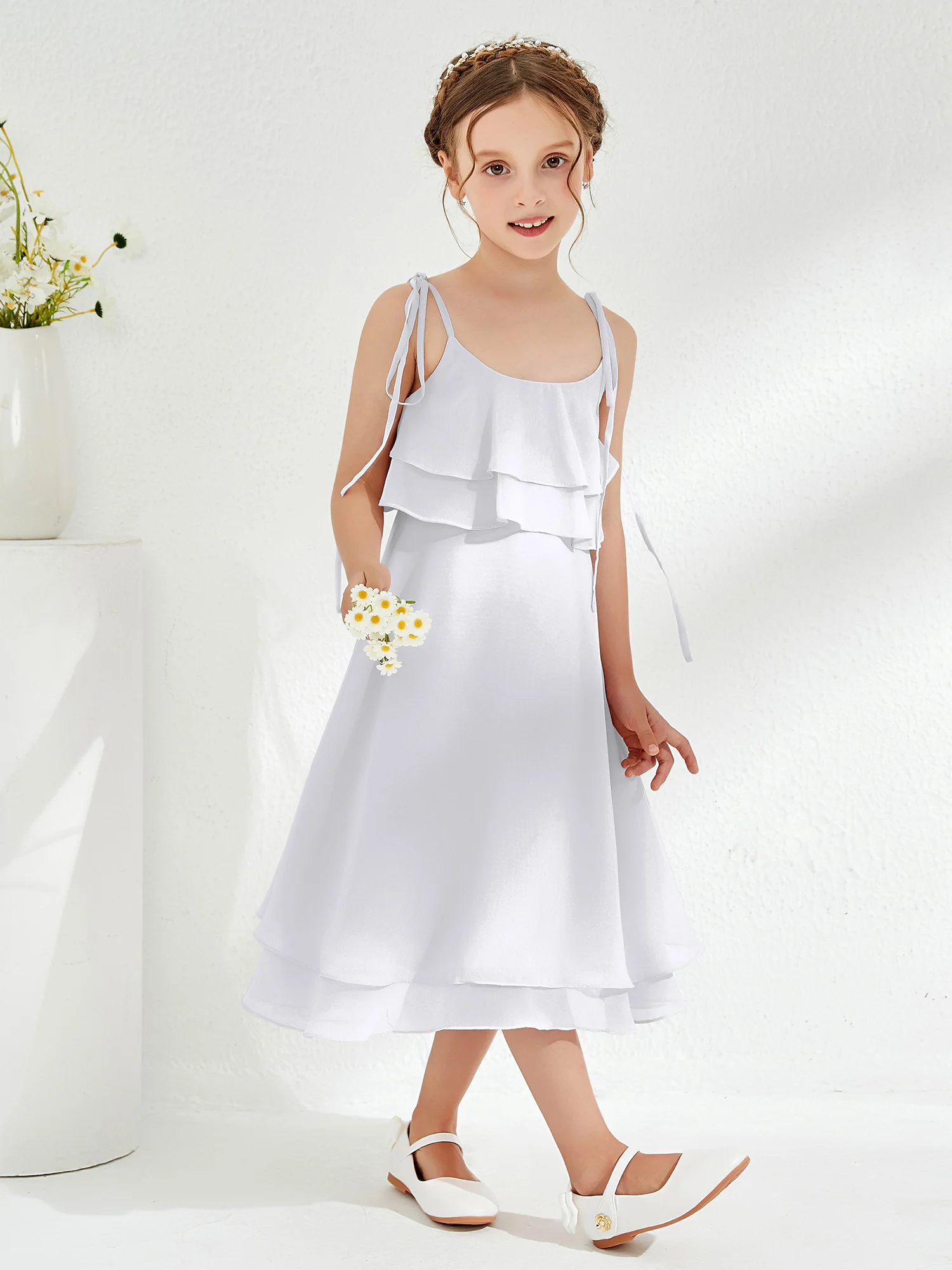 Cute Two Layers Ruffles Junior Bridesmaid Dresses White - Image 3