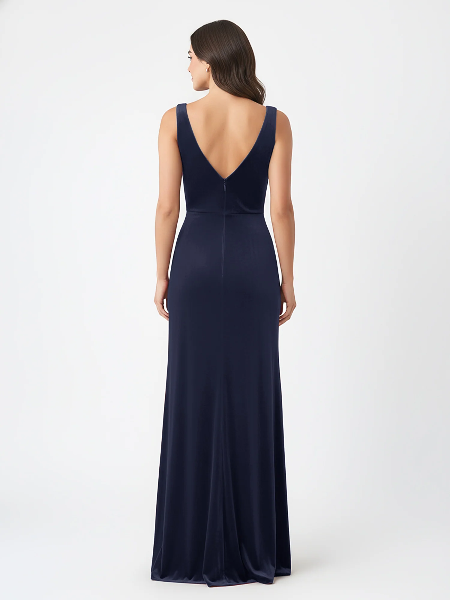 Sheath Deep V-Neck Sleeveless Velvet Dresses Dark Navy - Image 2