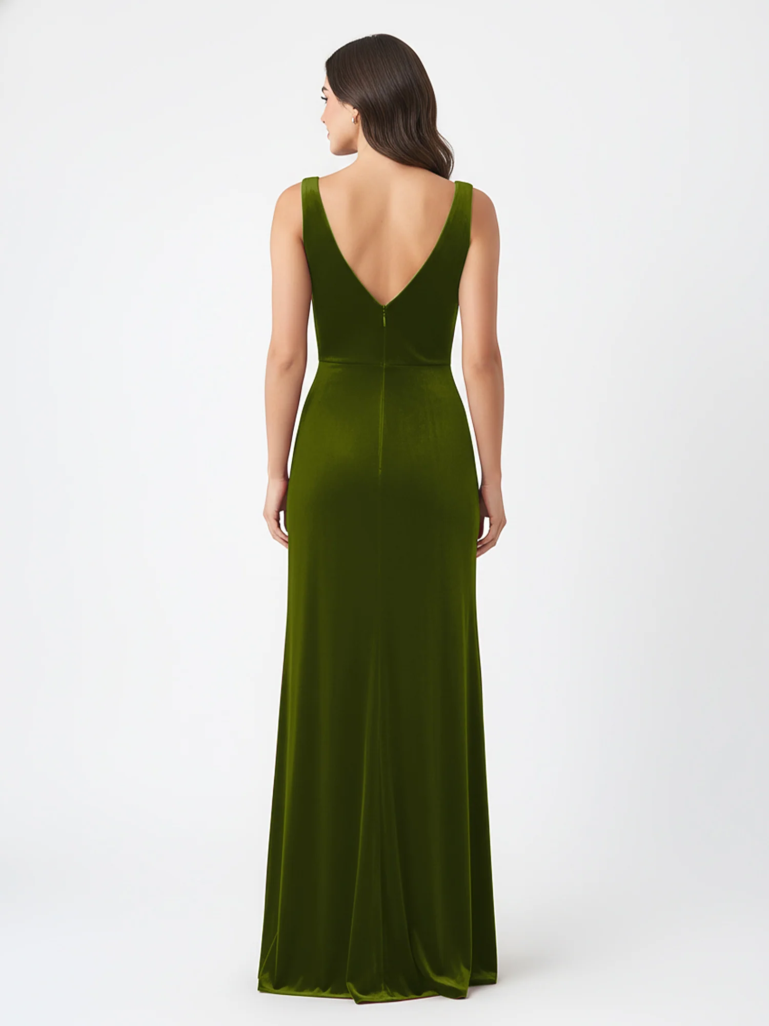 Sheath Deep V-Neck Sleeveless Velvet Dresses Olive Green - Image 2