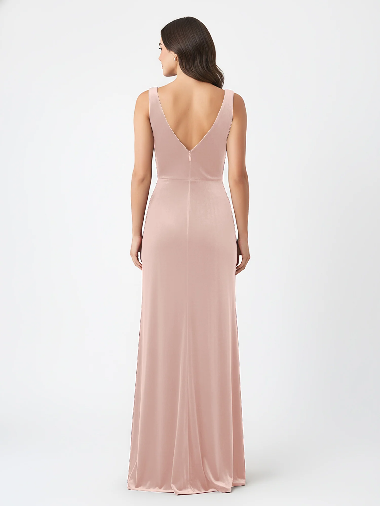 Sheath Deep V-Neck Sleeveless Velvet Dresses Pearl Pink - Image 2