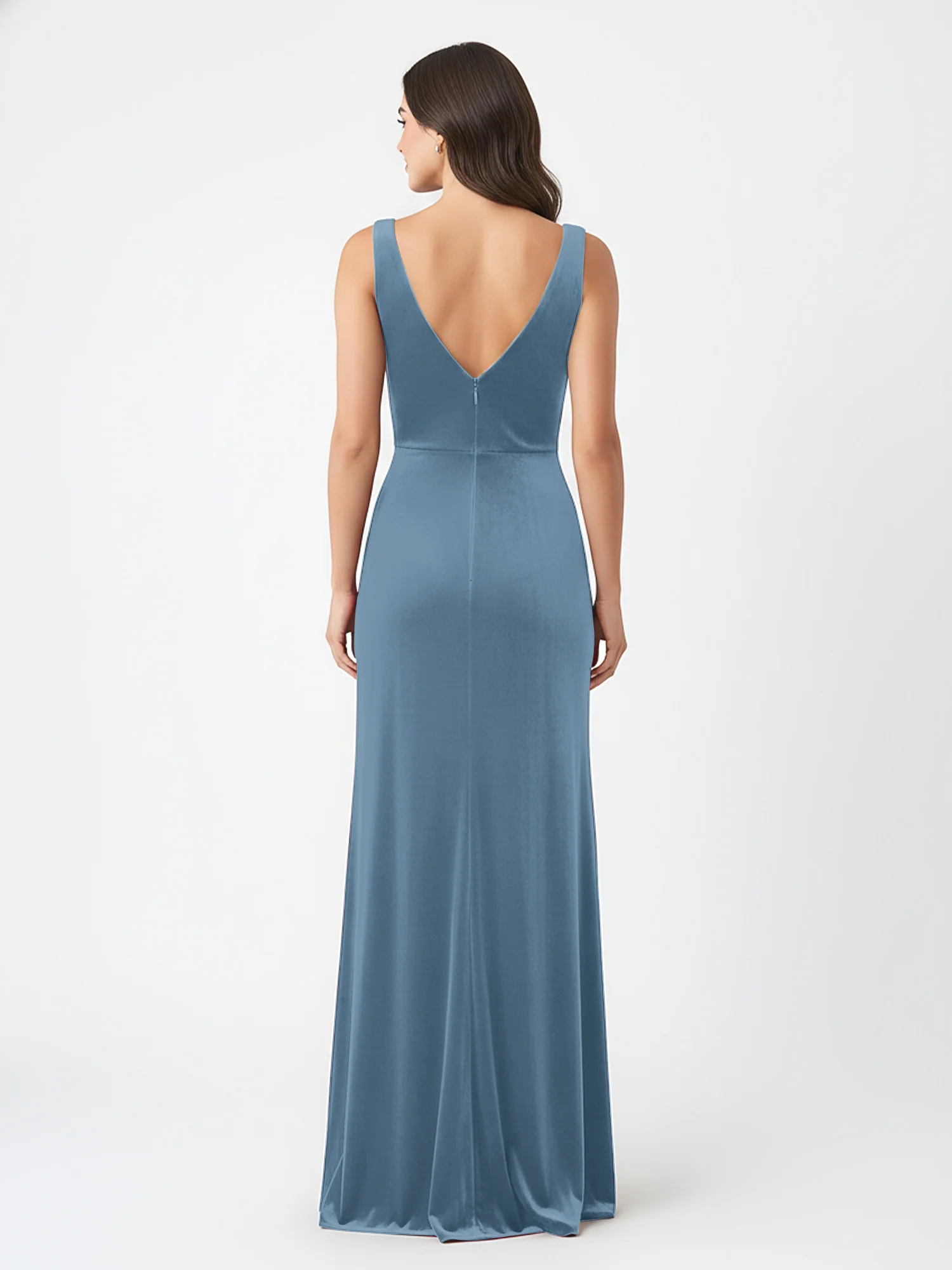 Sheath Deep V-Neck Sleeveless Velvet Dresses Slate Blue - Image 2
