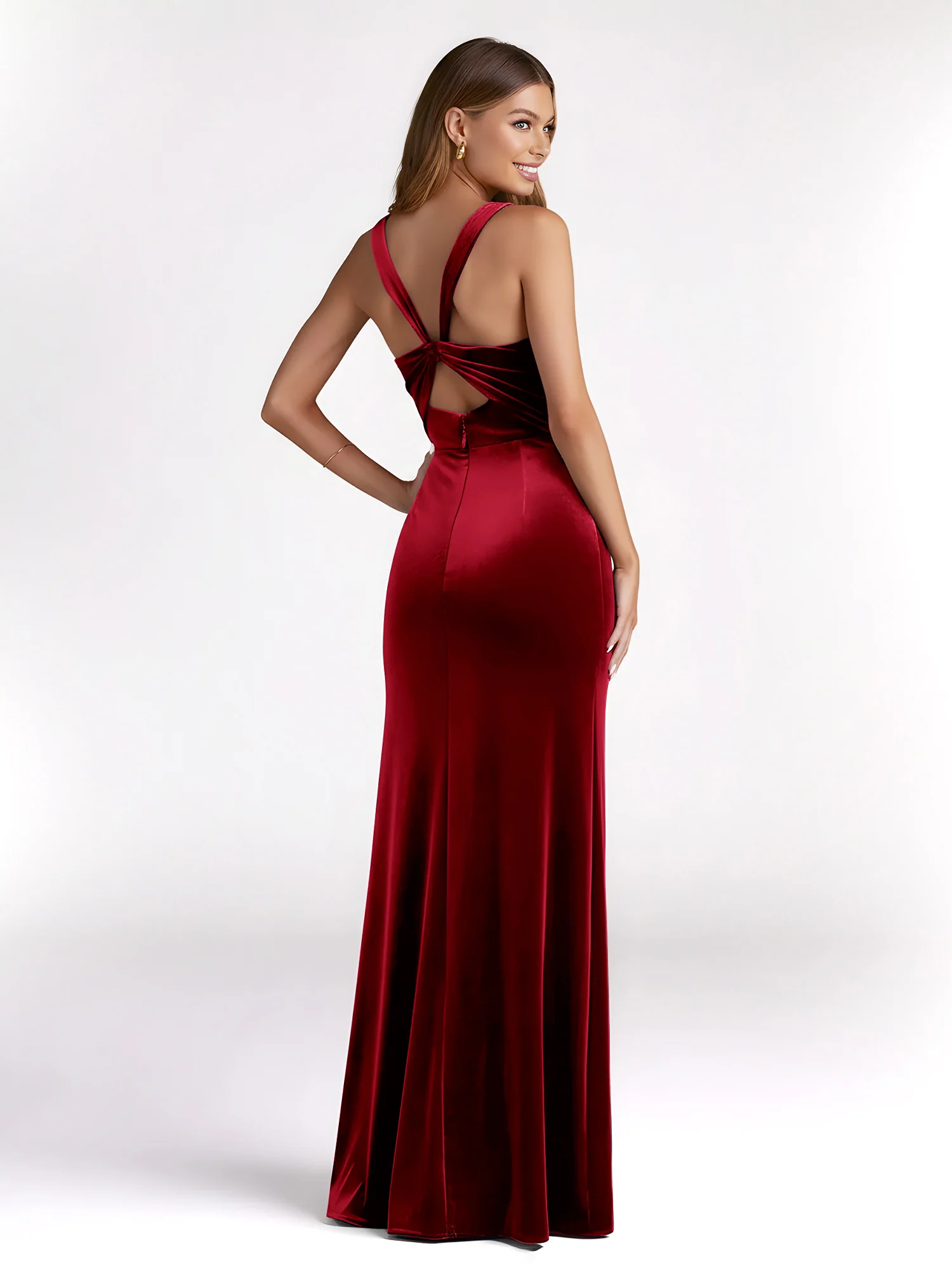 Sheath Square Neck Velvet Pleated Dresses With Slit Burgundy - Image 2